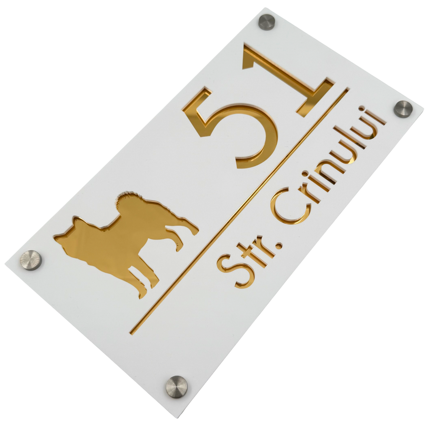 PREMIUM HOUSE NUMBER - White Satin Gold Mirror 4 Spacers Silver - 28×15 cm