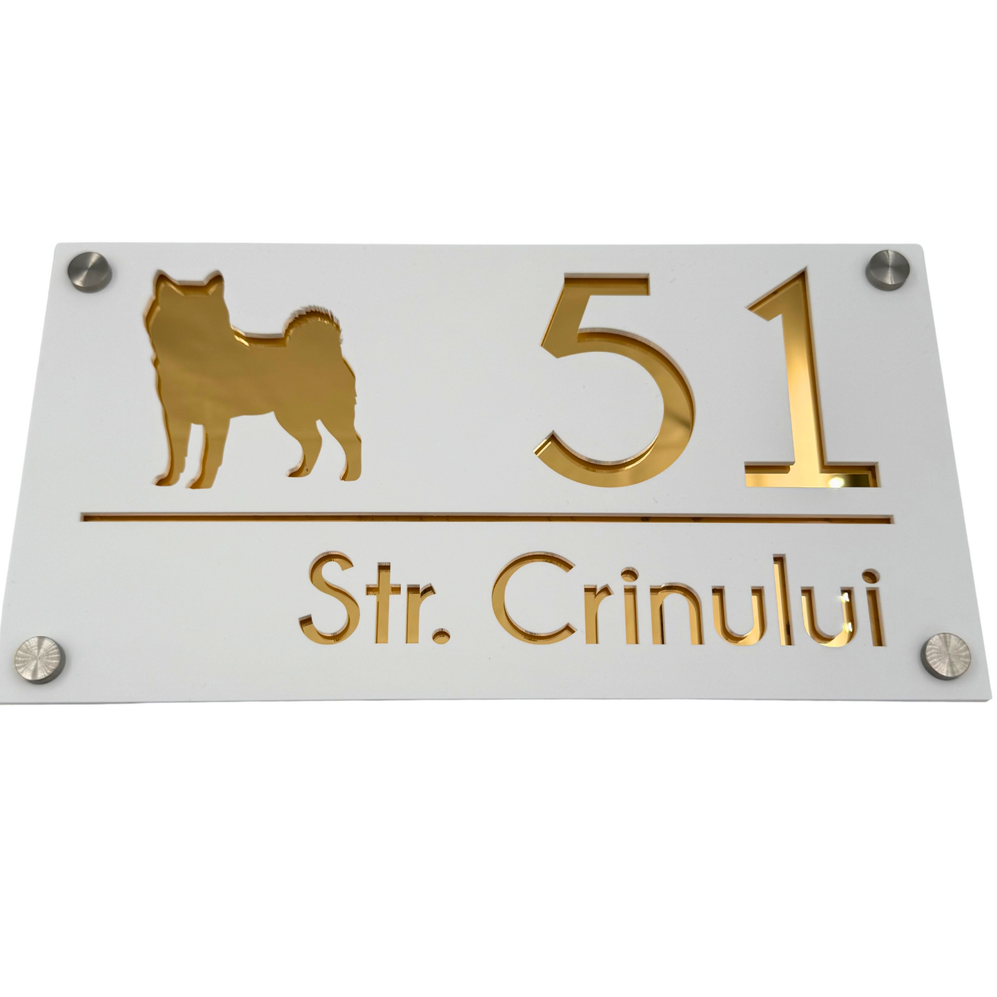 PREMIUM HOUSE NUMBER - White Satin Gold Mirror 4 Spacers Silver - 28×15 cm