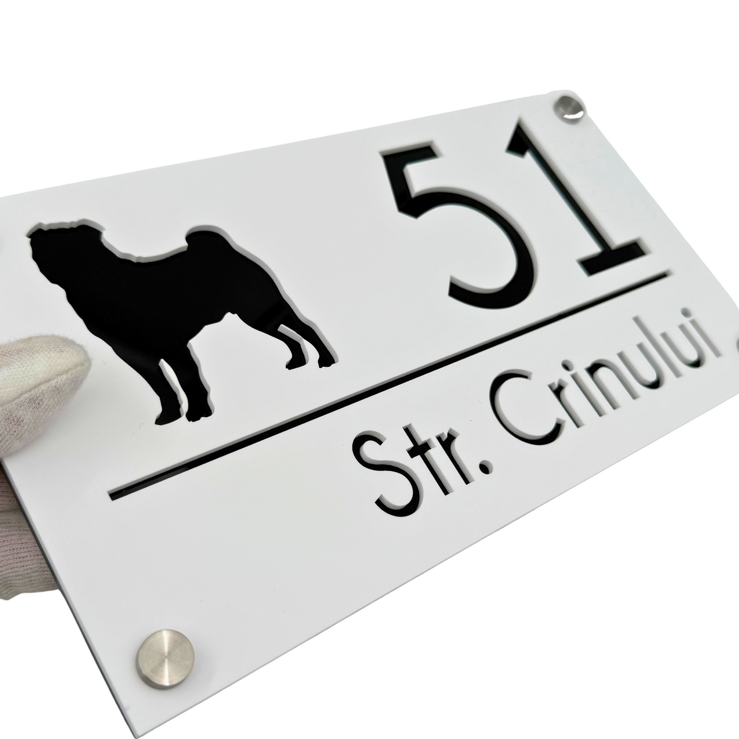 PREMIUM HOUSE NUMBER - White Satin Glossy Black 4 Spacers Silver - 28×15 cm