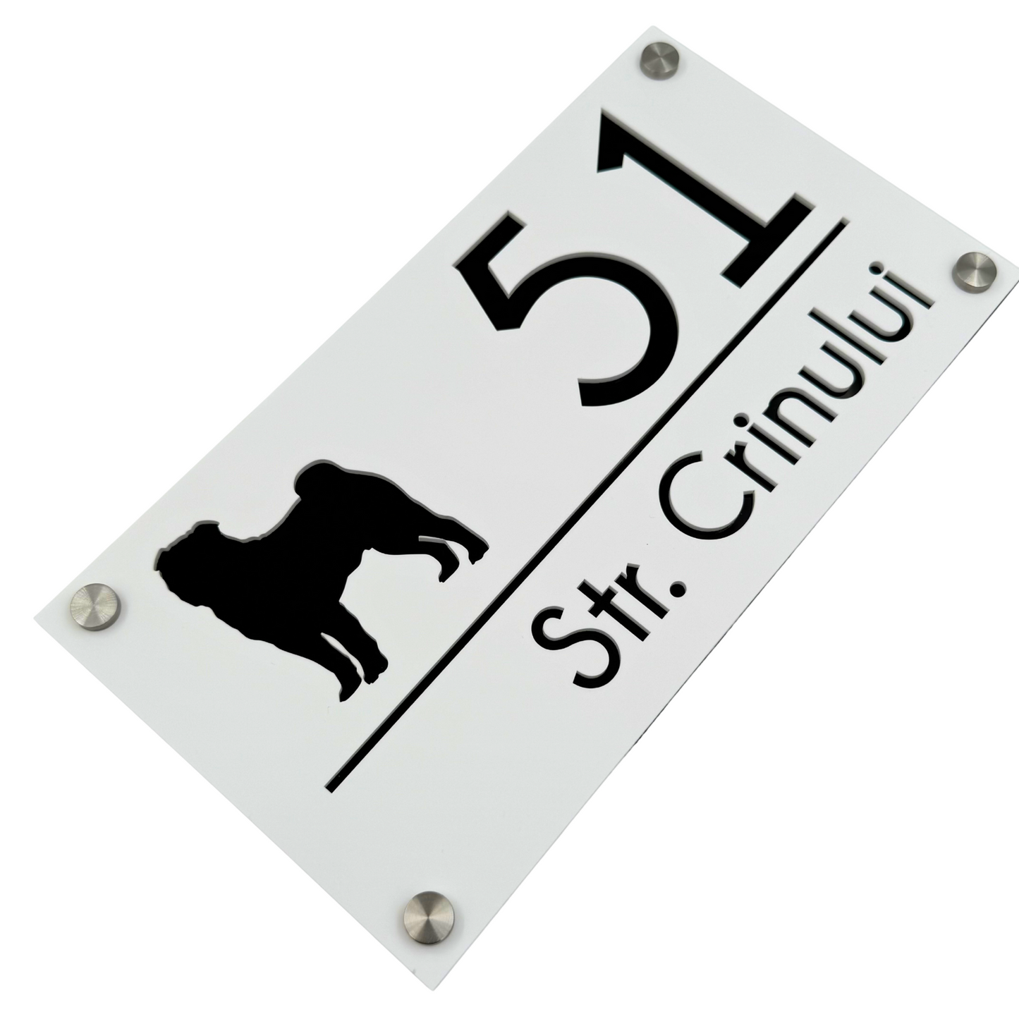 PREMIUM HOUSE NUMBER - White Satin Glossy Black 4 Spacers Silver - 28×15 cm