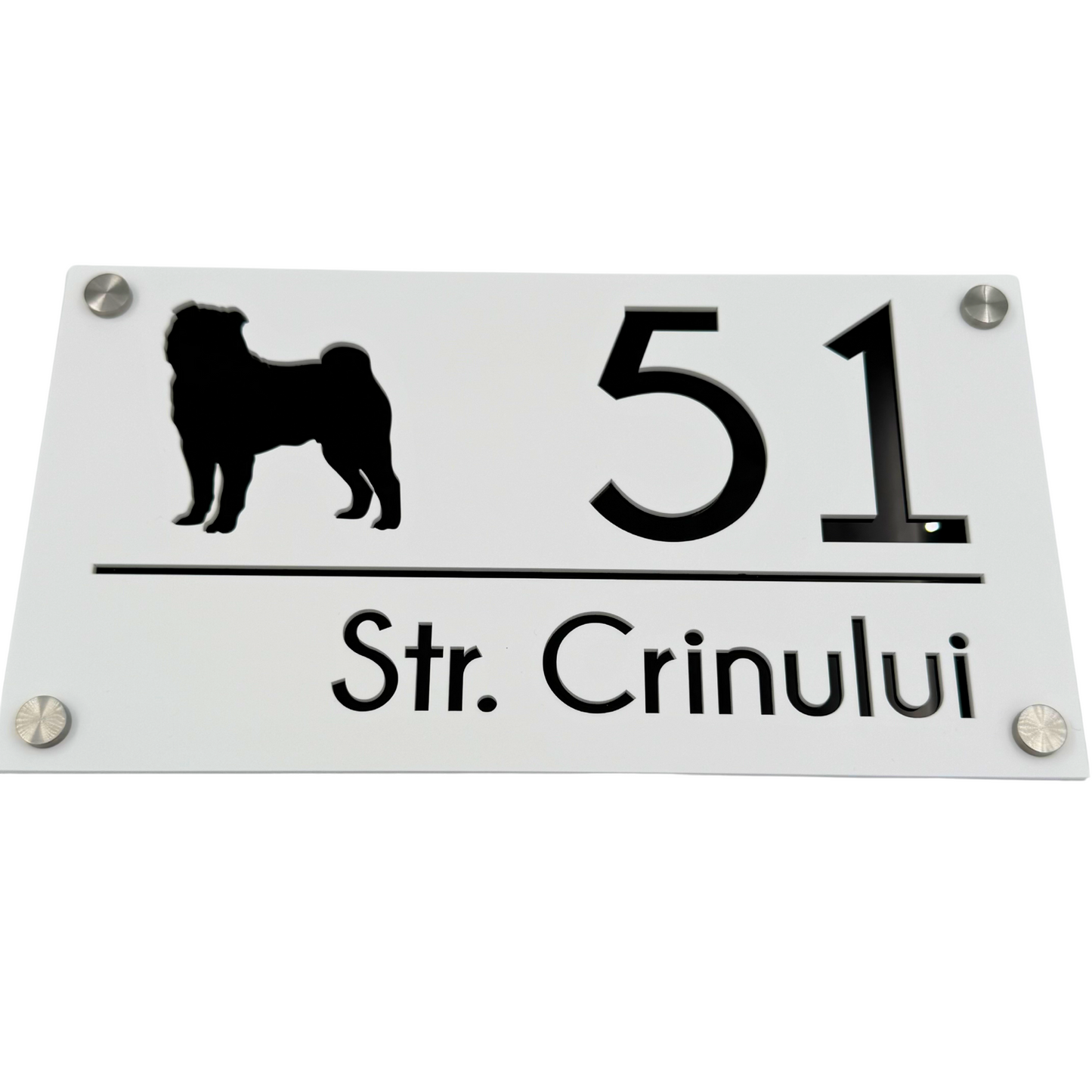 PREMIUM HOUSE NUMBER - White Satin Glossy Black 4 Spacers Silver - 28×15 cm