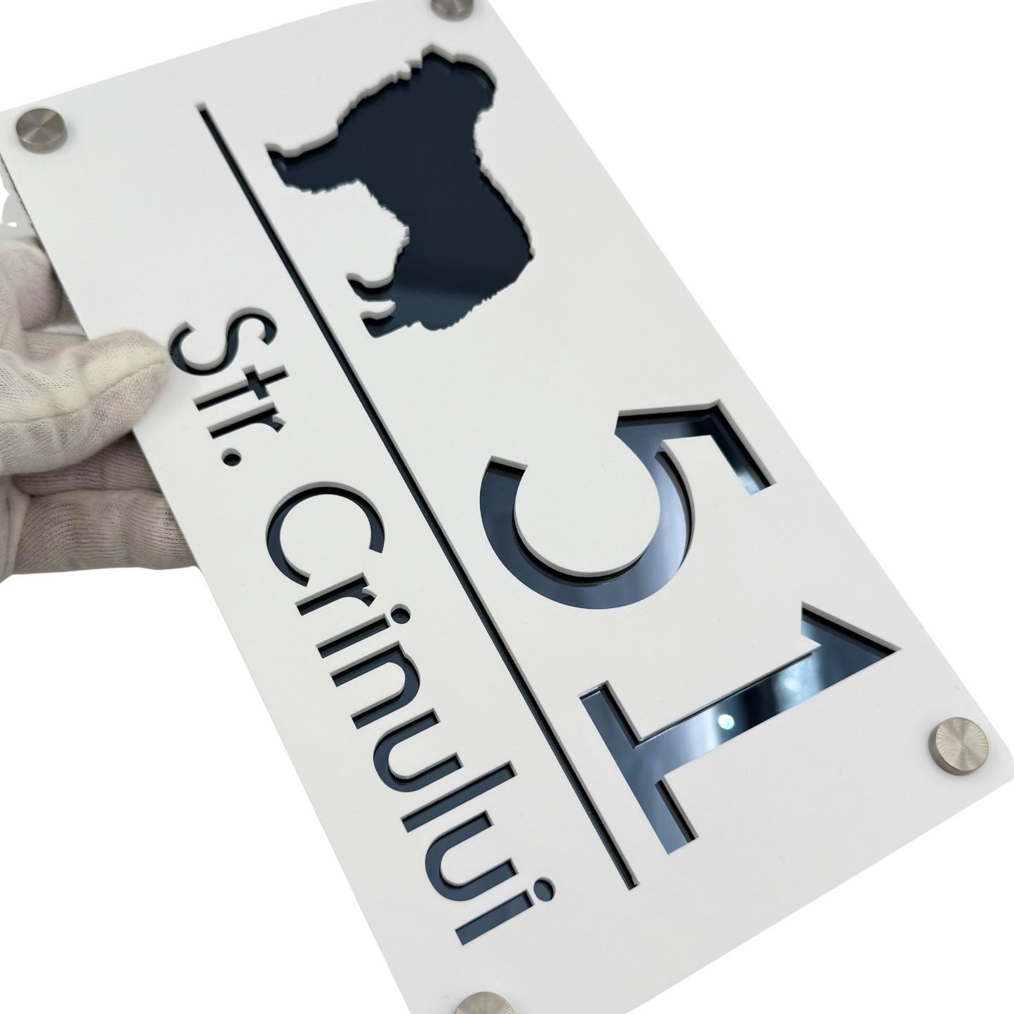 PREMIUM HOUSE NUMBER - White Satin Anthracite Grey Mirror 4 Spacers Silver - 28×15 cm