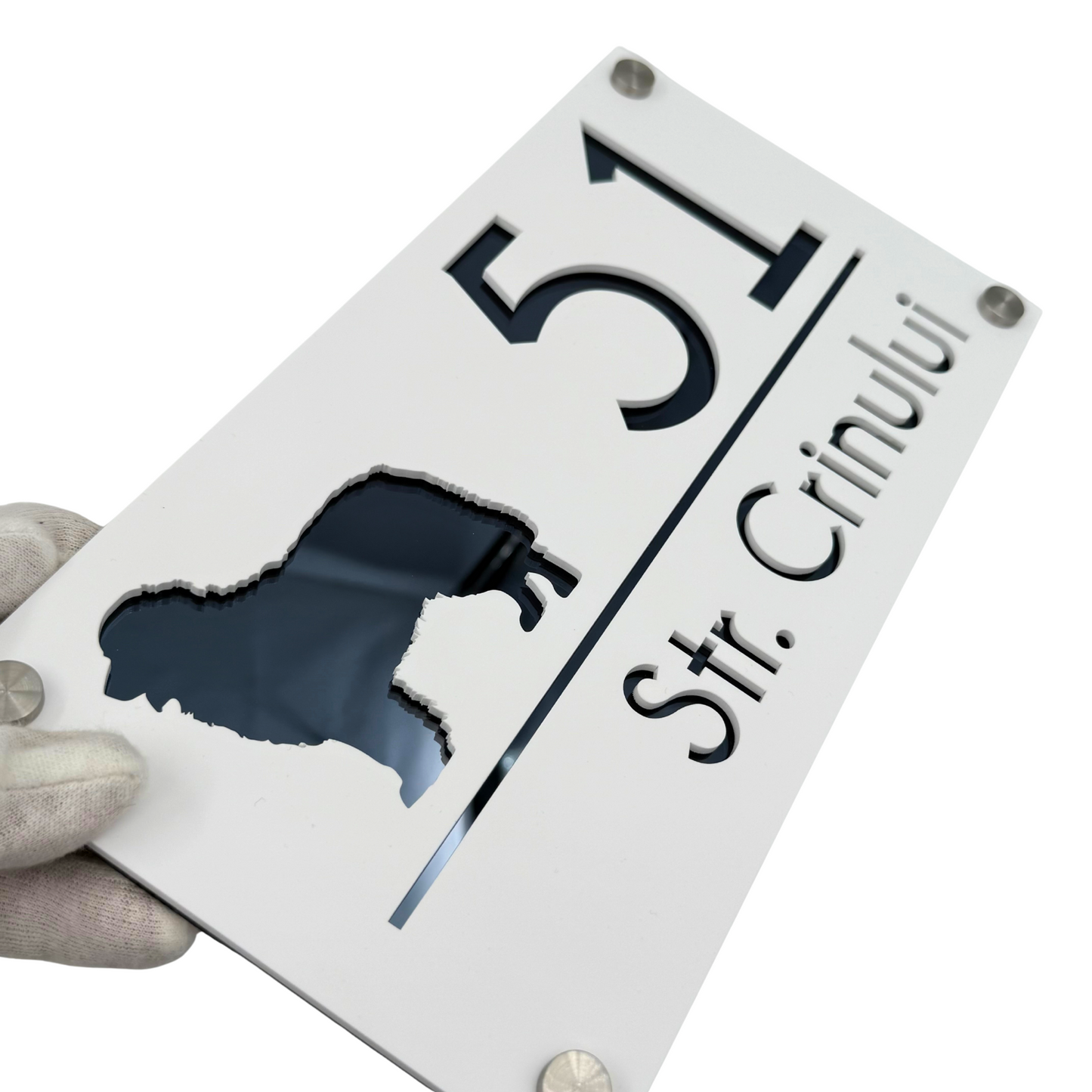 PREMIUM HOUSE NUMBER - White Satin Anthracite Grey Mirror 4 Spacers Silver - 28×15 cm