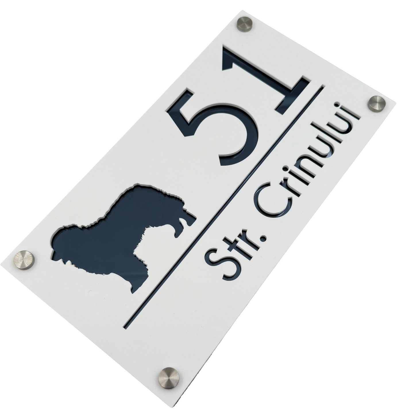 PREMIUM HOUSE NUMBER - White Satin Anthracite Grey Mirror 4 Spacers Silver - 28×15 cm