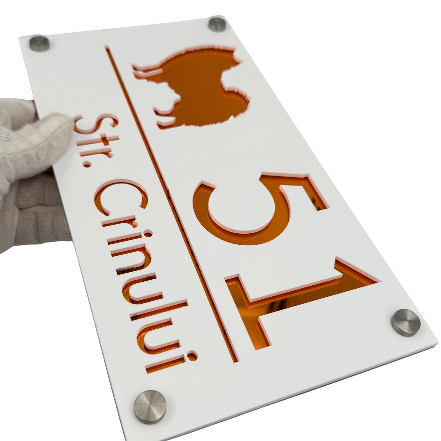 PREMIUM HOUSE NUMBER - White Satin Copper Mirror 4 Spacers Silver - 28×15 cm