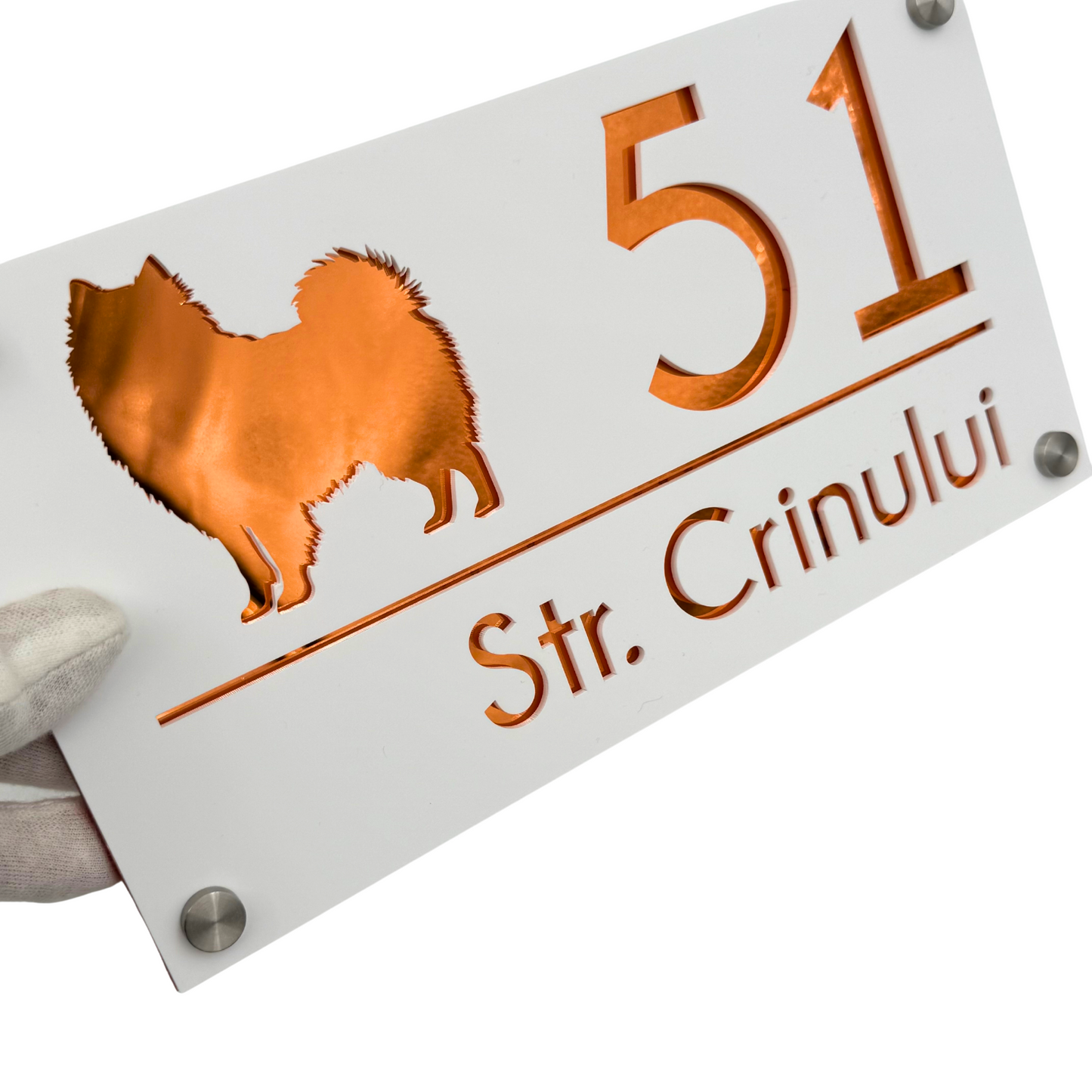PREMIUM HOUSE NUMBER - White Satin Copper Mirror 4 Spacers Silver - 28×15 cm