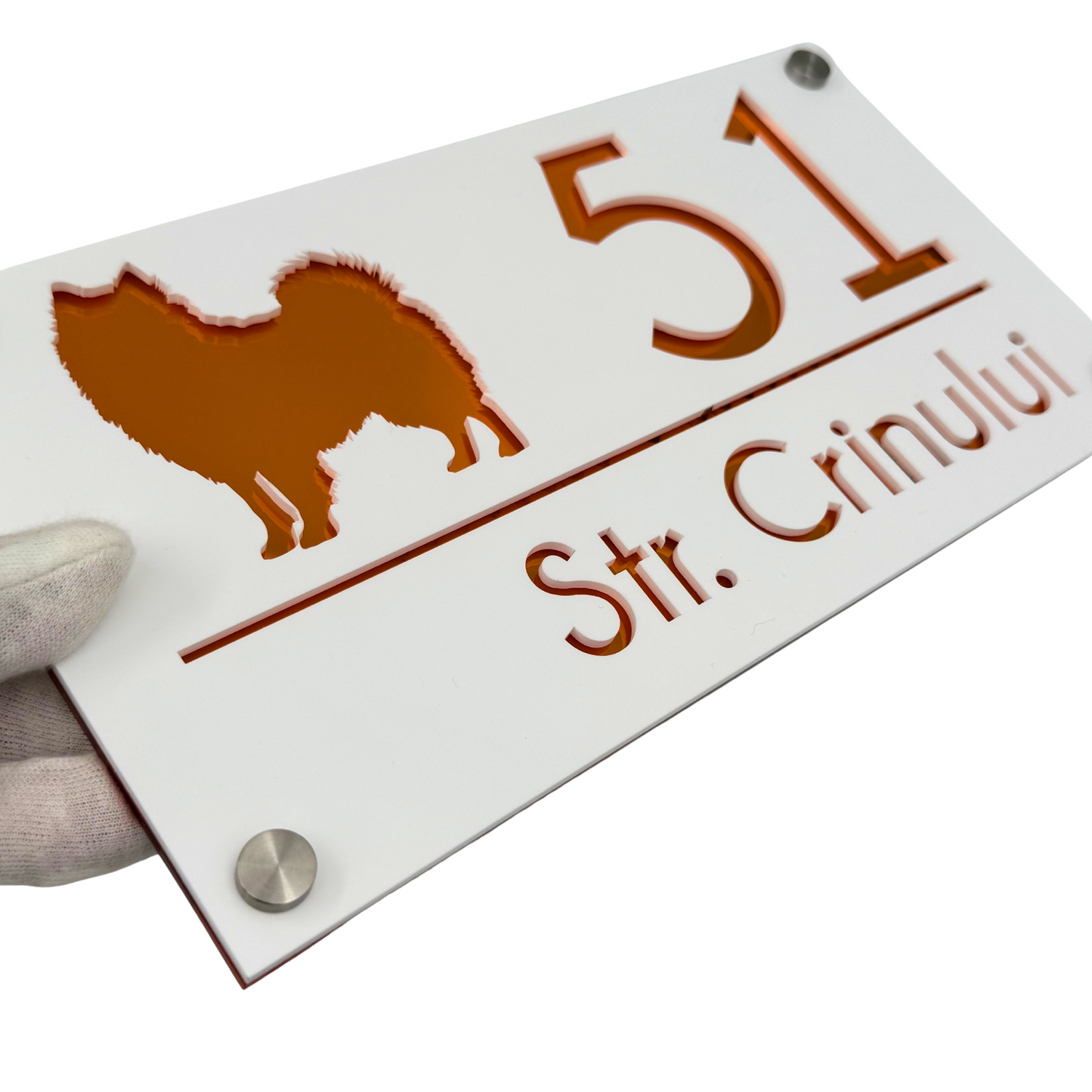 PREMIUM HOUSE NUMBER - White Satin Copper Mirror 4 Spacers Silver - 28×15 cm