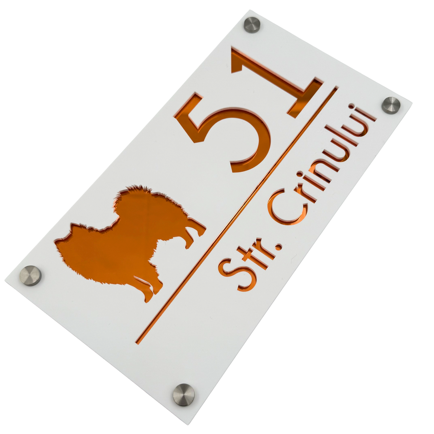 PREMIUM HOUSE NUMBER - White Satin Copper Mirror 4 Spacers Silver - 28×15 cm