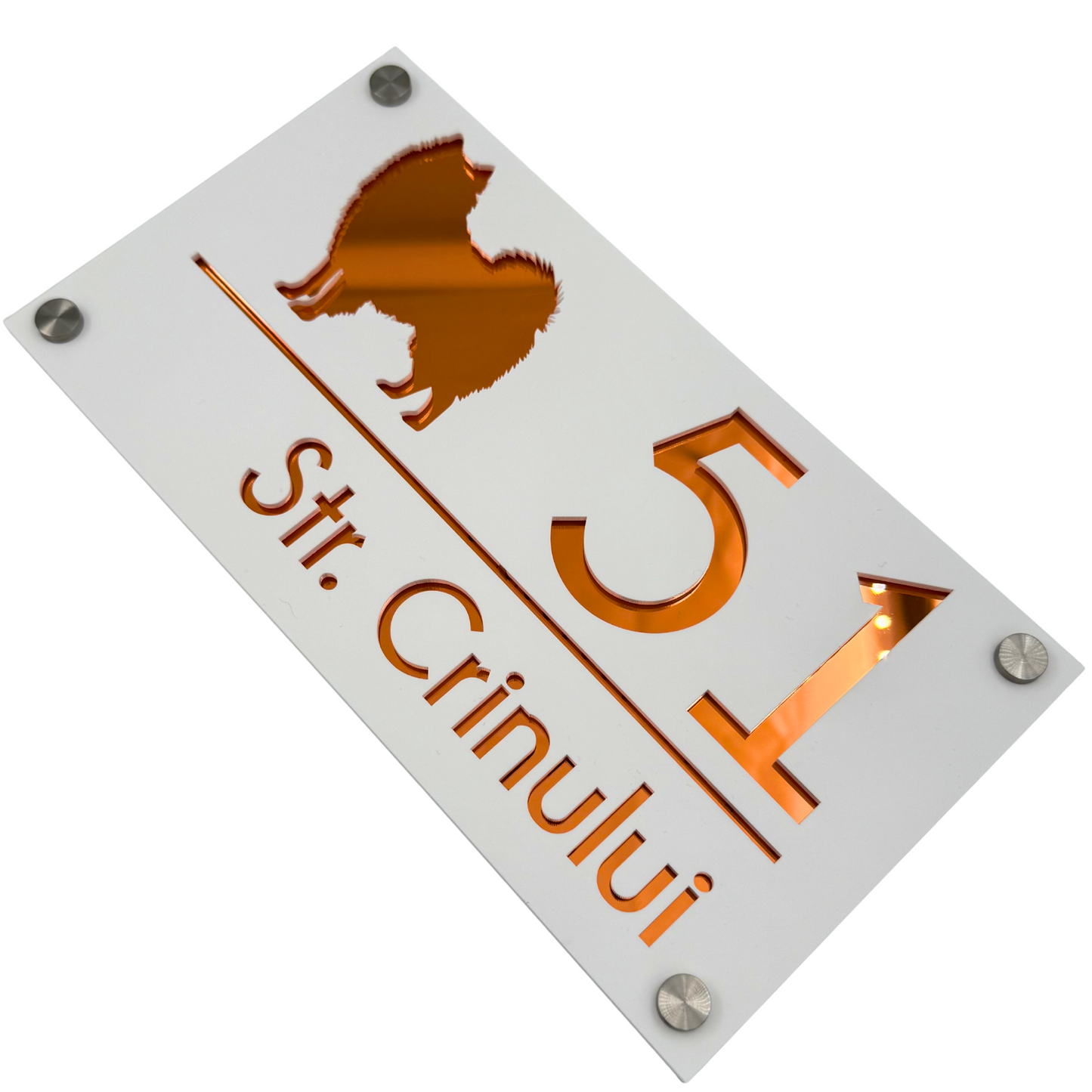 PREMIUM HOUSE NUMBER - White Satin Copper Mirror 4 Spacers Silver - 28×15 cm