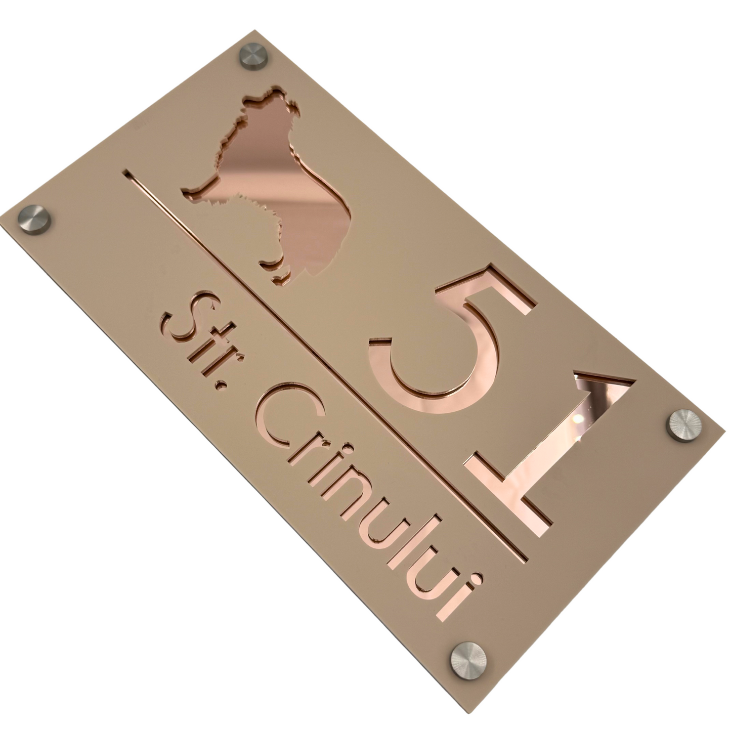 PREMIUM HOUSE NUMBER - Cream colour Satin Rose Gold Mirror 4 Spacers Silver - 28×15 cm
