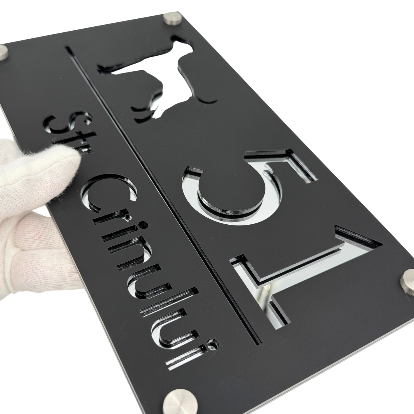 PREMIUM HOUSE NUMBER - Satin Black Silver Mirror 4 Spacers Silver - 28×15 cm