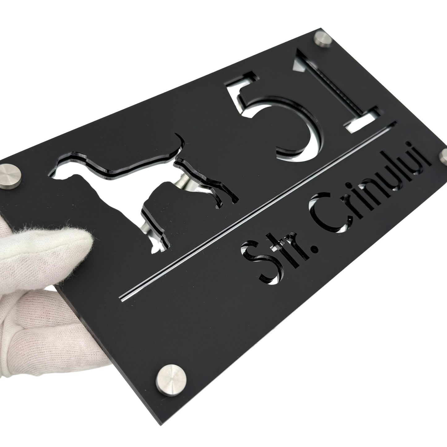 PREMIUM HOUSE NUMBER - Satin Black Silver Mirror 4 Spacers Silver - 28×15 cm