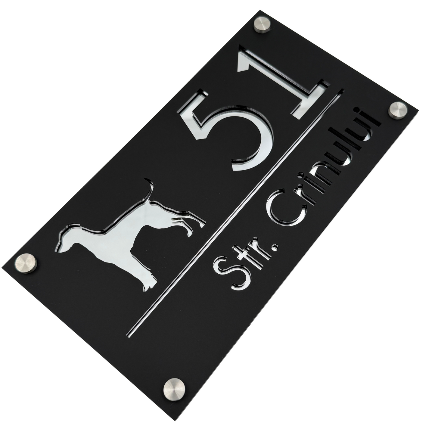 PREMIUM HOUSE NUMBER - Satin Black Silver Mirror 4 Spacers Silver - 28×15 cm