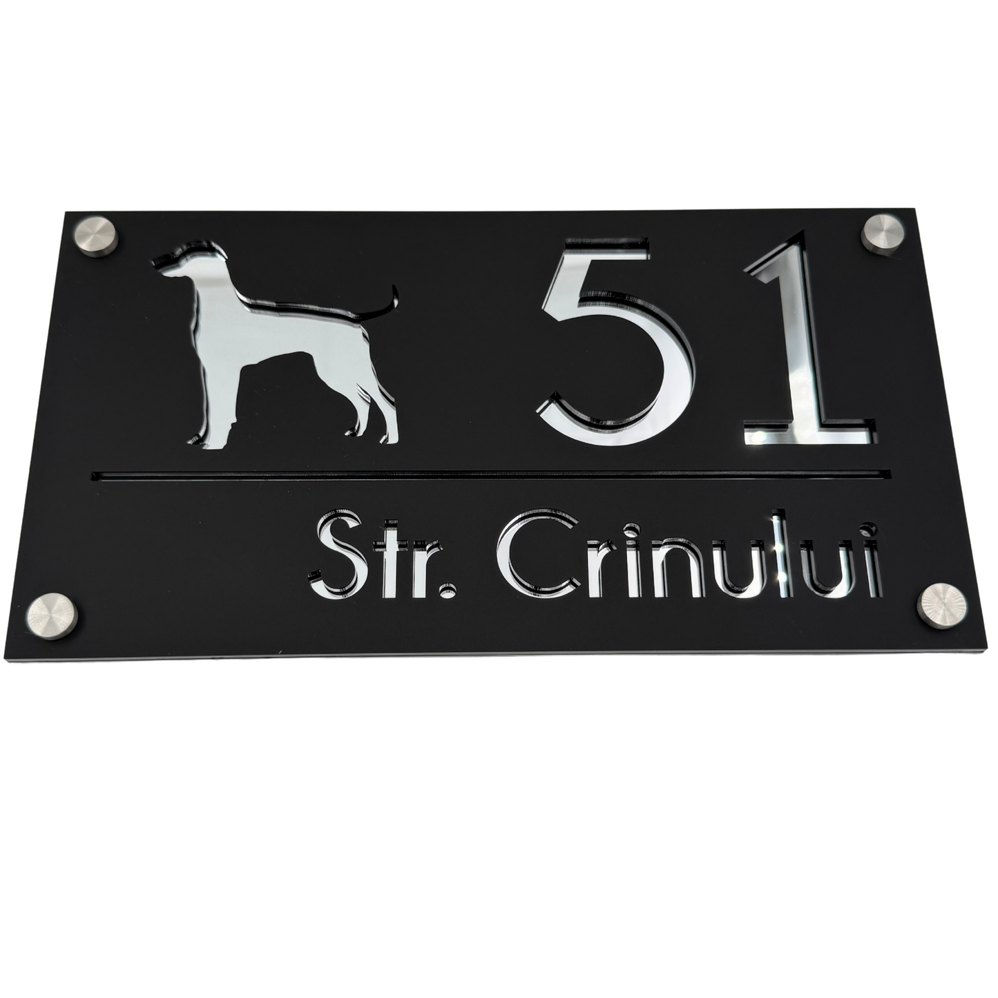 PREMIUM HOUSE NUMBER - Satin Black Silver Mirror 4 Spacers Silver - 28×15 cm