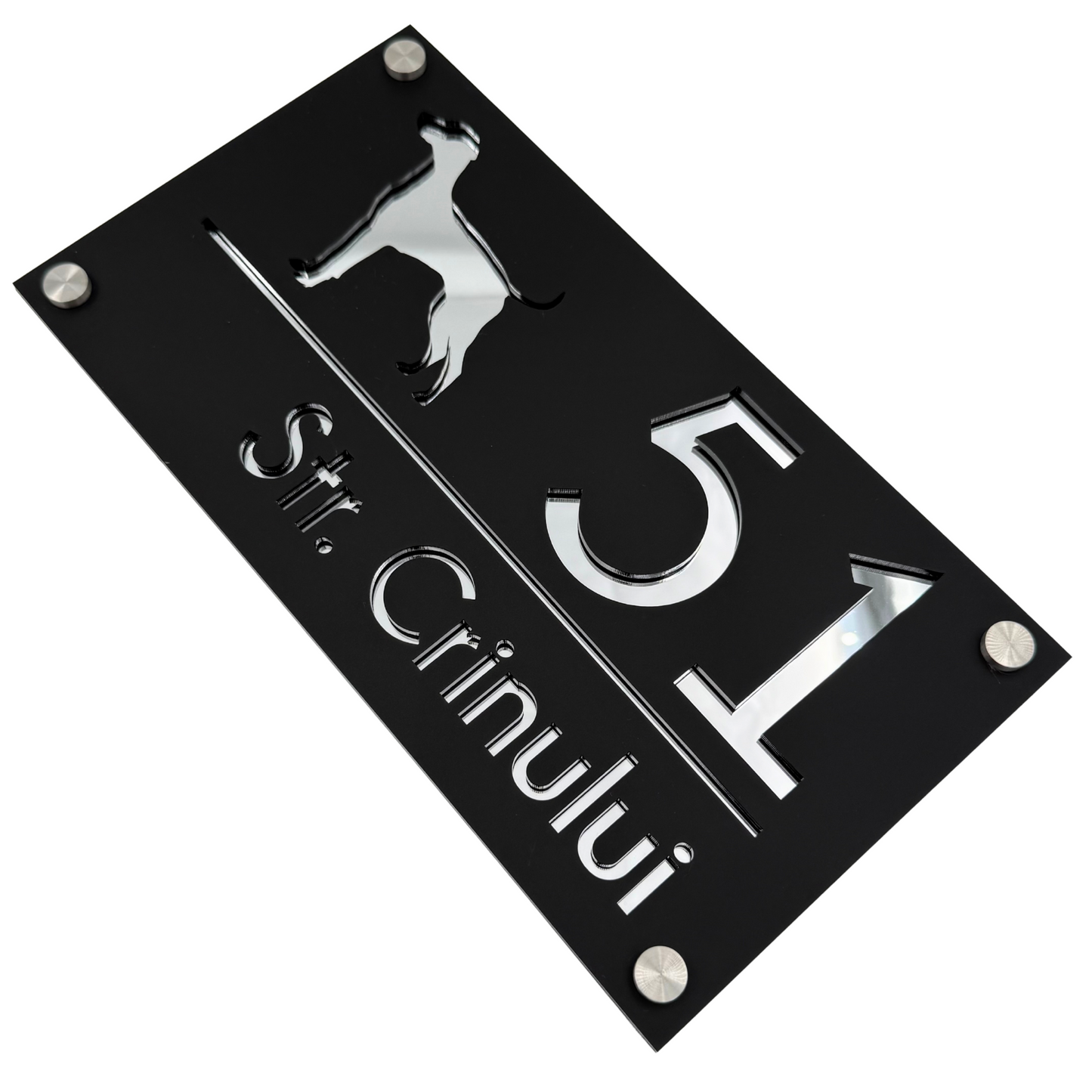PREMIUM HOUSE NUMBER - Satin Black Silver Mirror 4 Spacers Silver - 28×15 cm