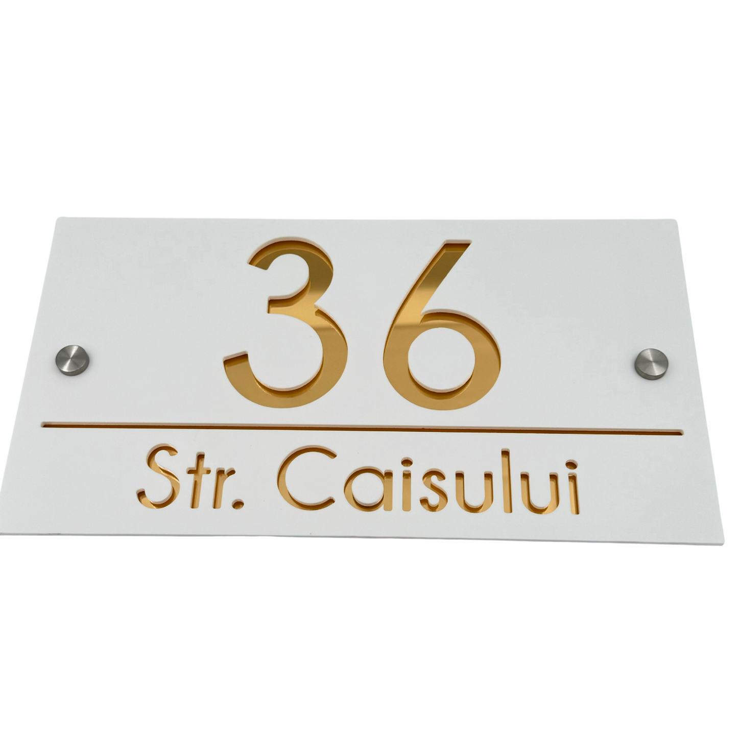 PREMIUM HOUSE NUMBER - White Satin Gold Mirror 2 Spacers Silver - 28×15 cm