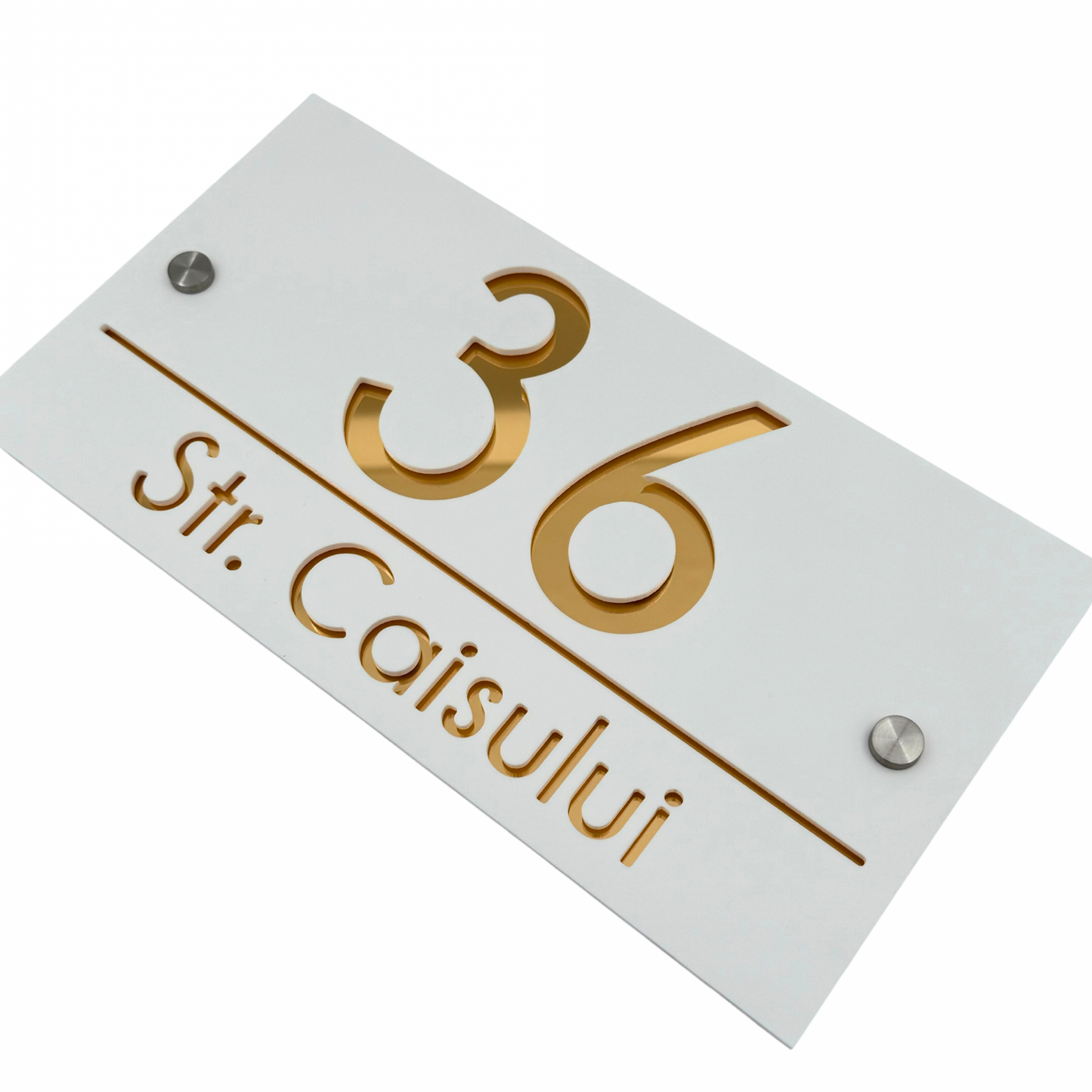 PREMIUM HOUSE NUMBER - White Satin Gold Mirror 2 Spacers Silver - 28×15 cm