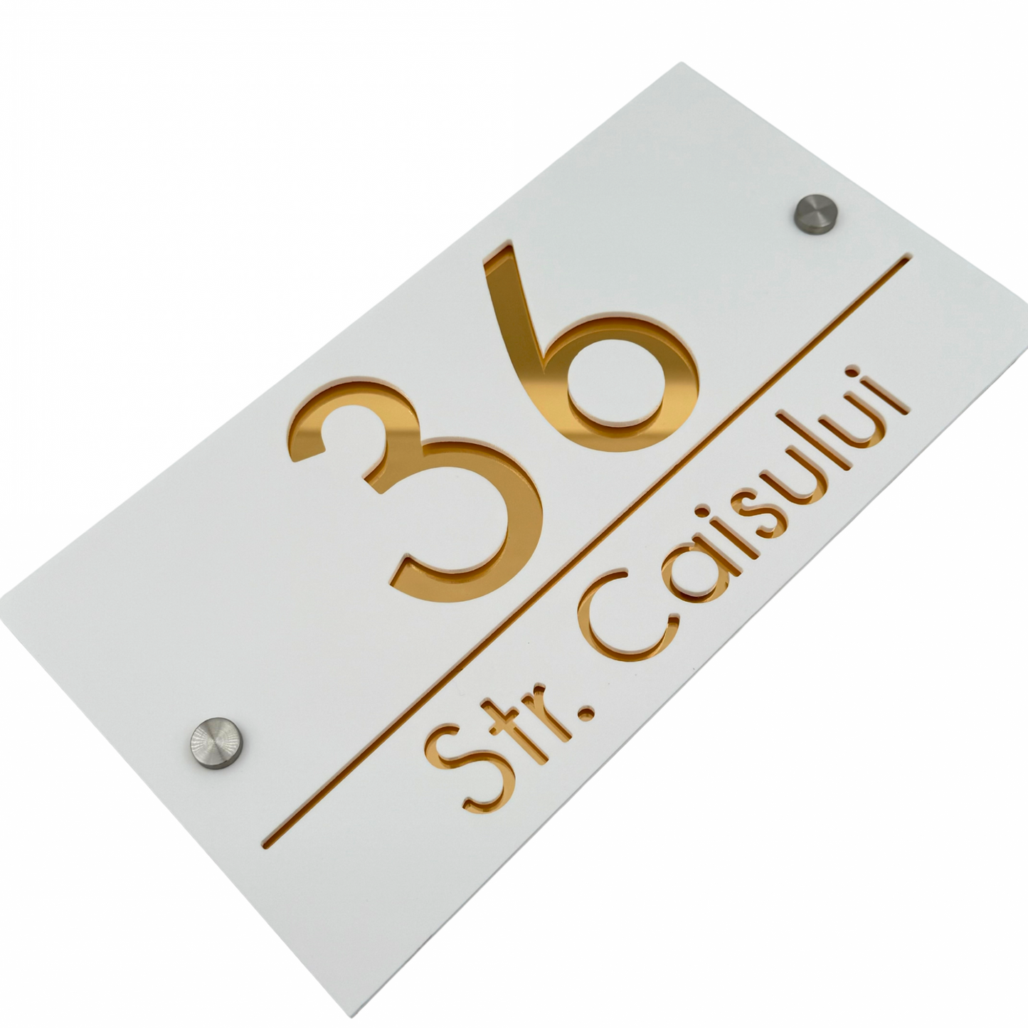 PREMIUM HOUSE NUMBER - White Satin Gold Mirror 2 Spacers Silver - 28×15 cm