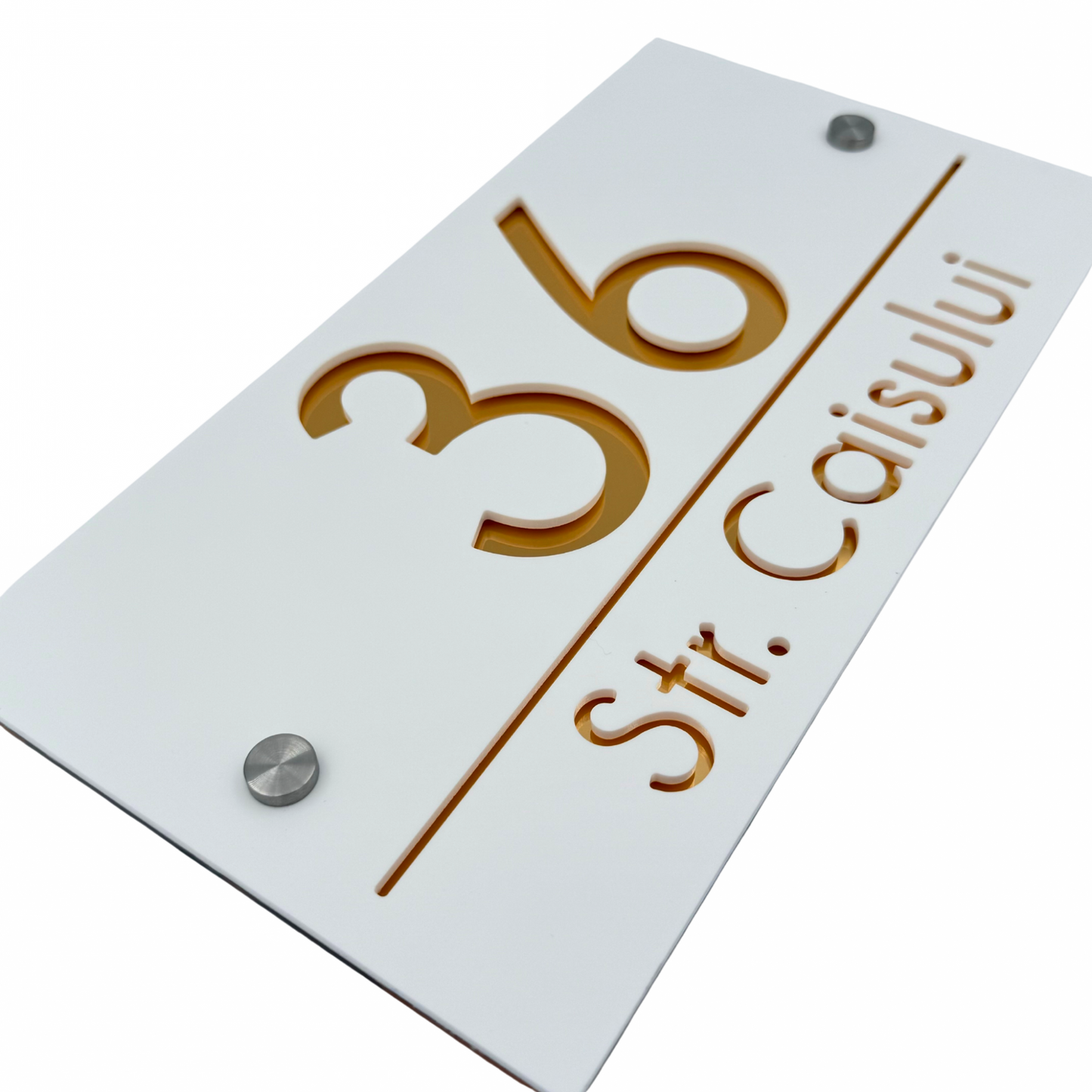 PREMIUM HOUSE NUMBER - White Satin Gold Mirror 2 Spacers Silver - 28×15 cm