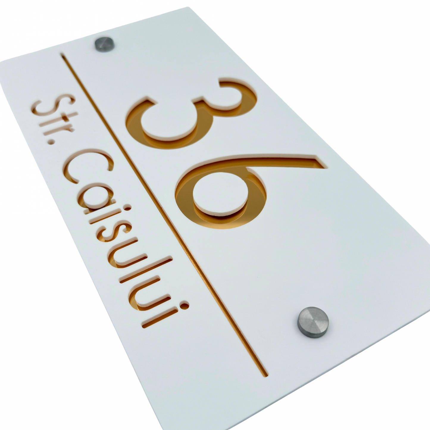 PREMIUM HOUSE NUMBER - White Satin Gold Mirror 2 Spacers Silver - 28×15 cm