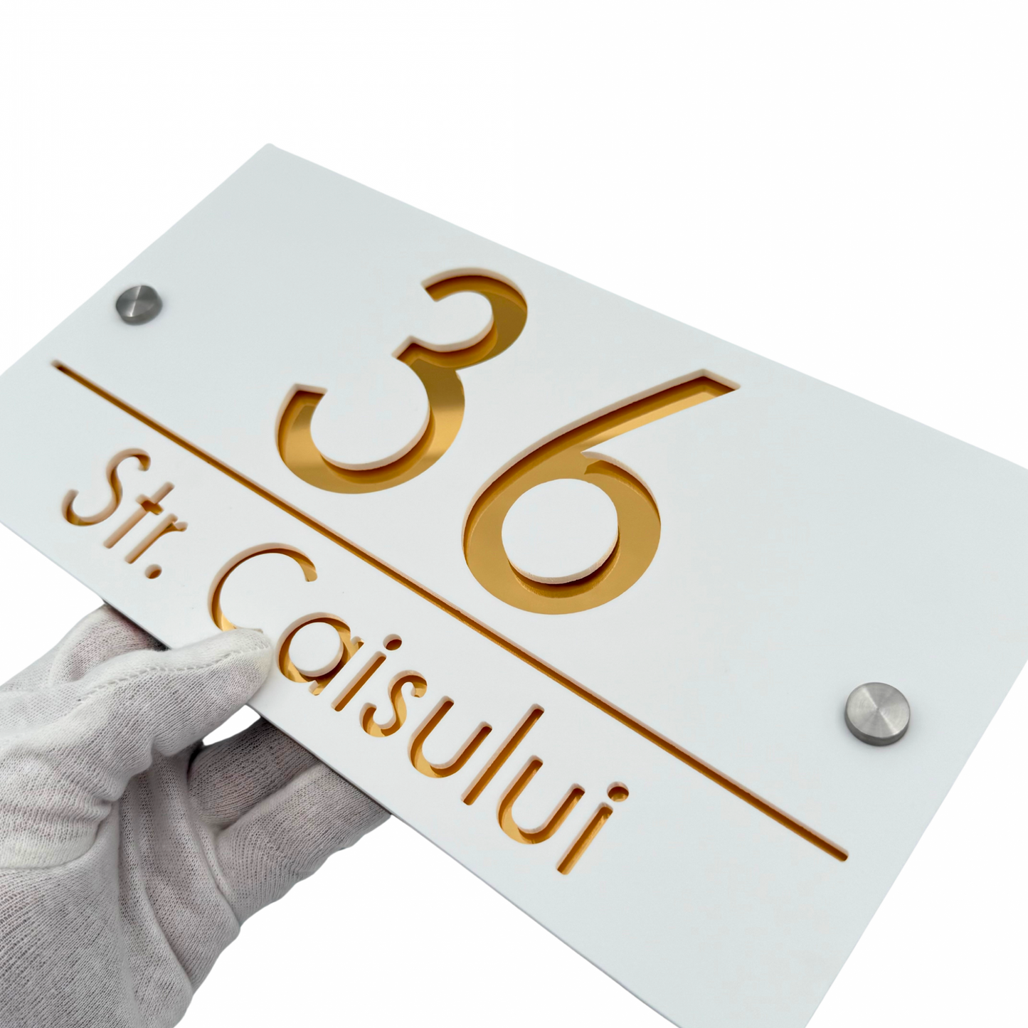 PREMIUM HOUSE NUMBER - White Satin Gold Mirror 2 Spacers Silver - 28×15 cm