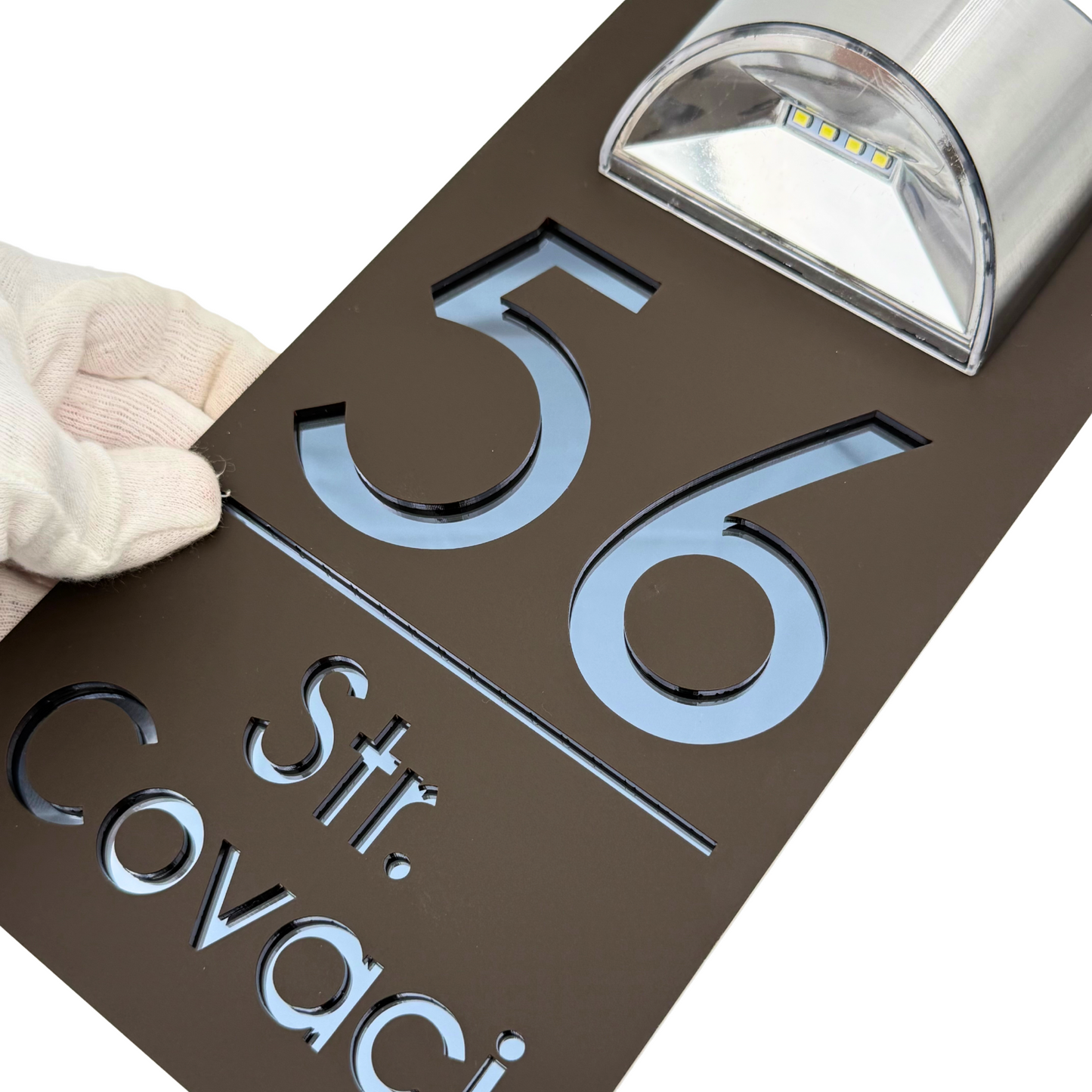 PREMIUM HOUSE NUMBER – Satin Brown Anthracite Grey Mirror Solar Lamp – 30 x15 cm