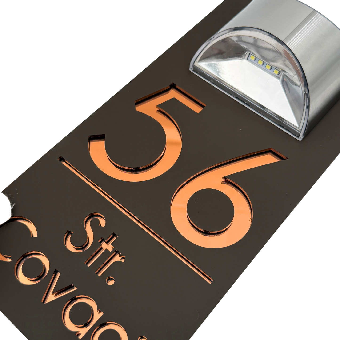 PREMIUM HOUSE NUMBER – Satin Brown Copper Mirror Solar Lamp – 30 x15 cm