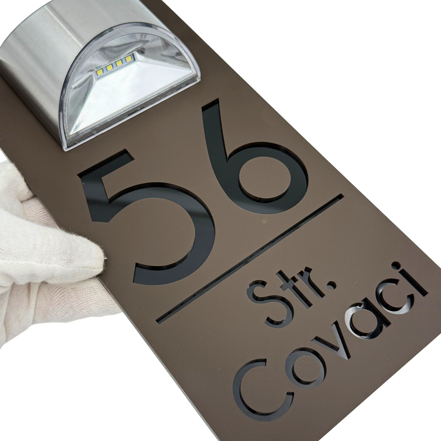 PREMIUM HOUSE NUMBER – Satin Brown Glossy Black Mirror Solar Lamp – 30 x15 cm