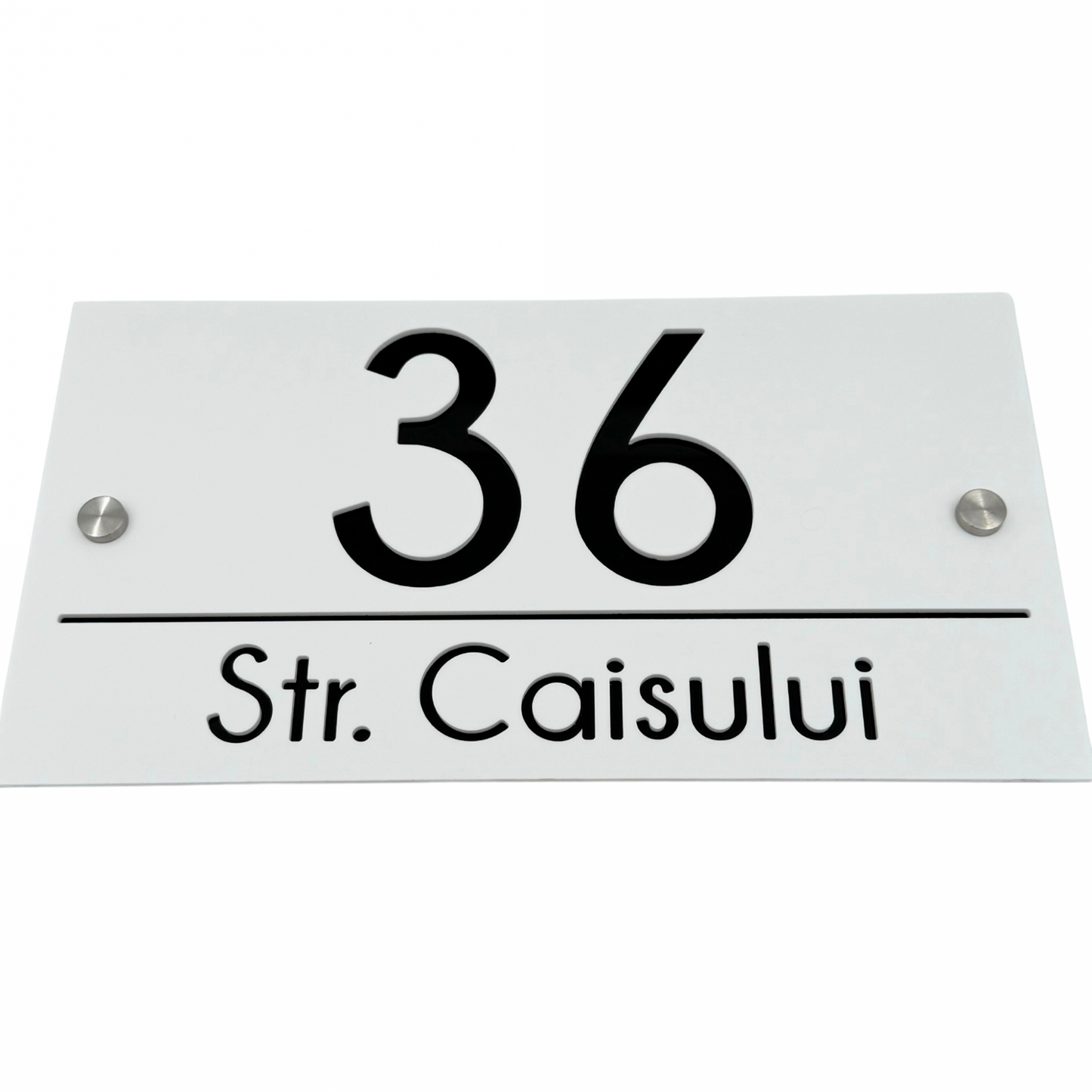PREMIUM HOUSE NUMBER - White Satin Glossy Black 2 Spacers Silver - 28×15 cm