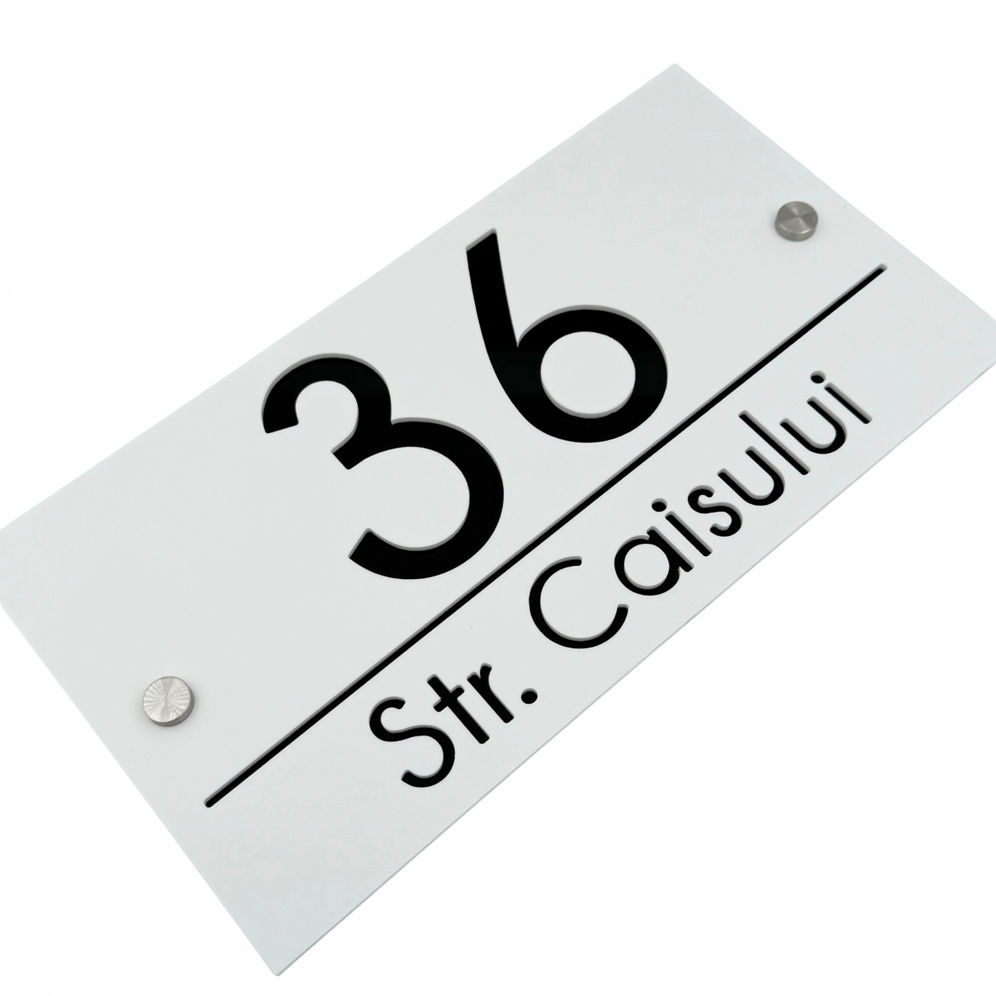 PREMIUM HOUSE NUMBER - White Satin Glossy Black 2 Spacers Silver - 28×15 cm