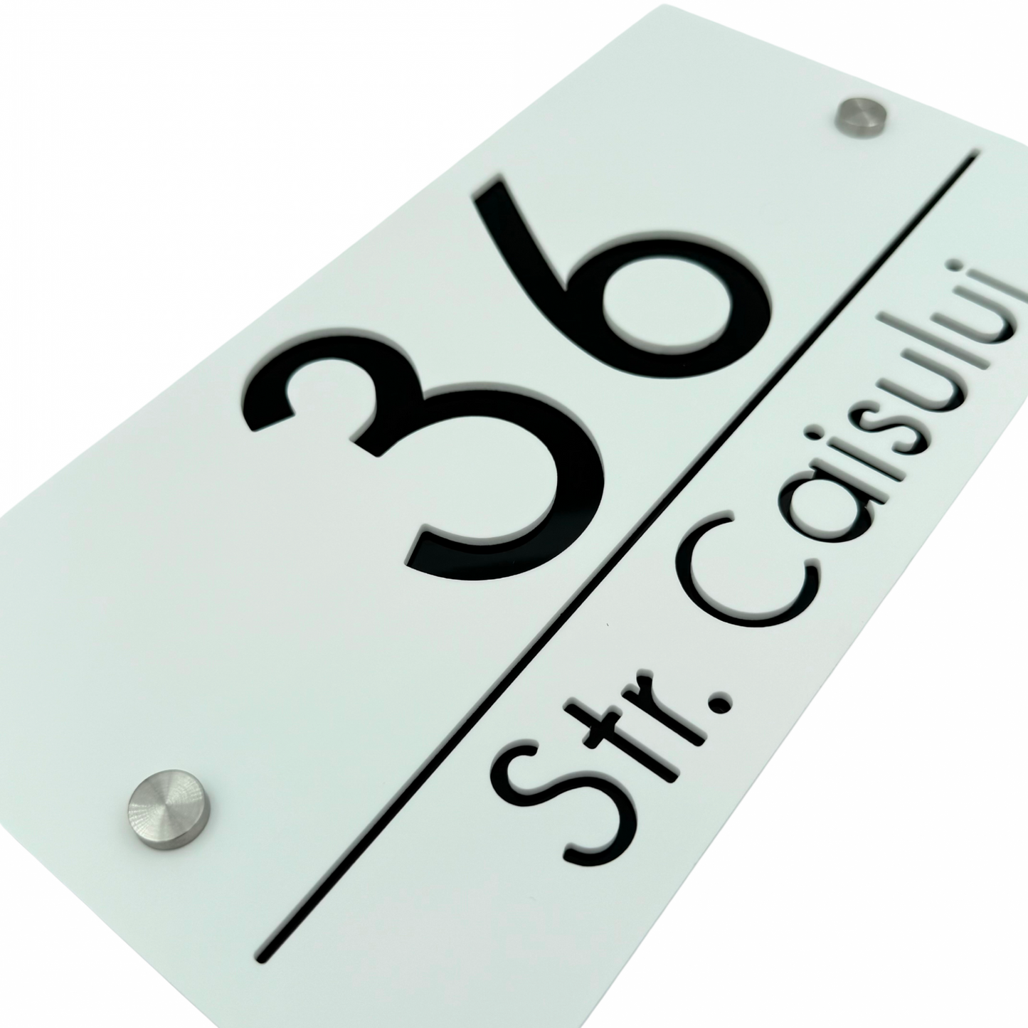PREMIUM HOUSE NUMBER - White Satin Glossy Black 2 Spacers Silver - 28×15 cm