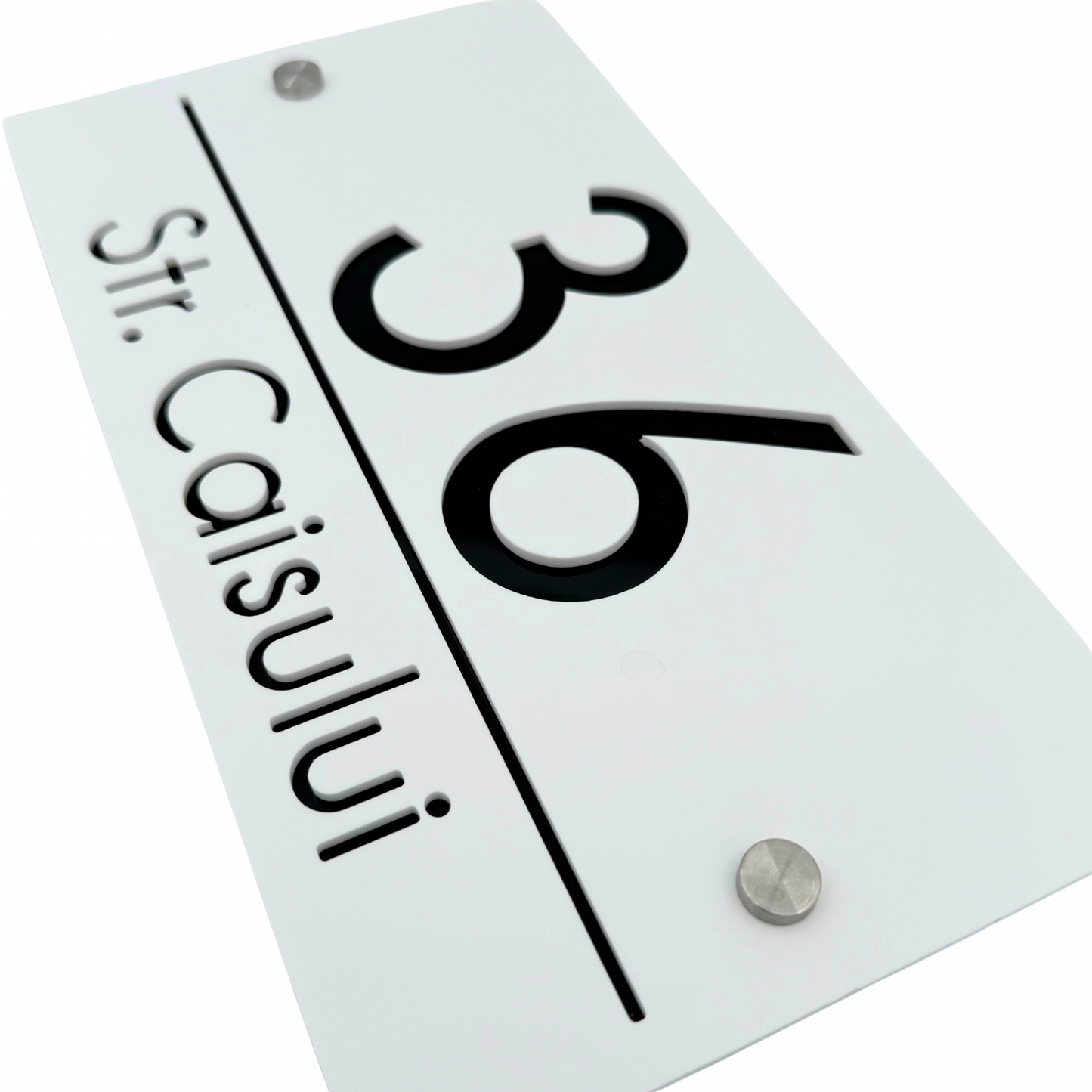 PREMIUM HOUSE NUMBER - White Satin Glossy Black 2 Spacers Silver - 28×15 cm