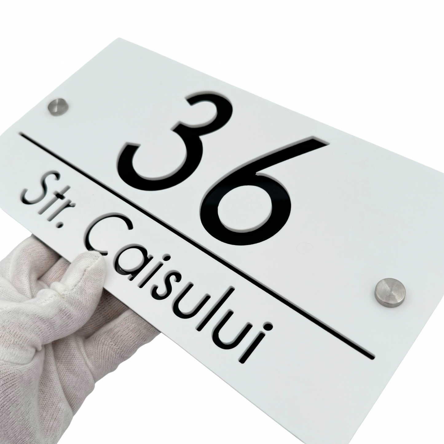 PREMIUM HOUSE NUMBER - White Satin Glossy Black 2 Spacers Silver - 28×15 cm