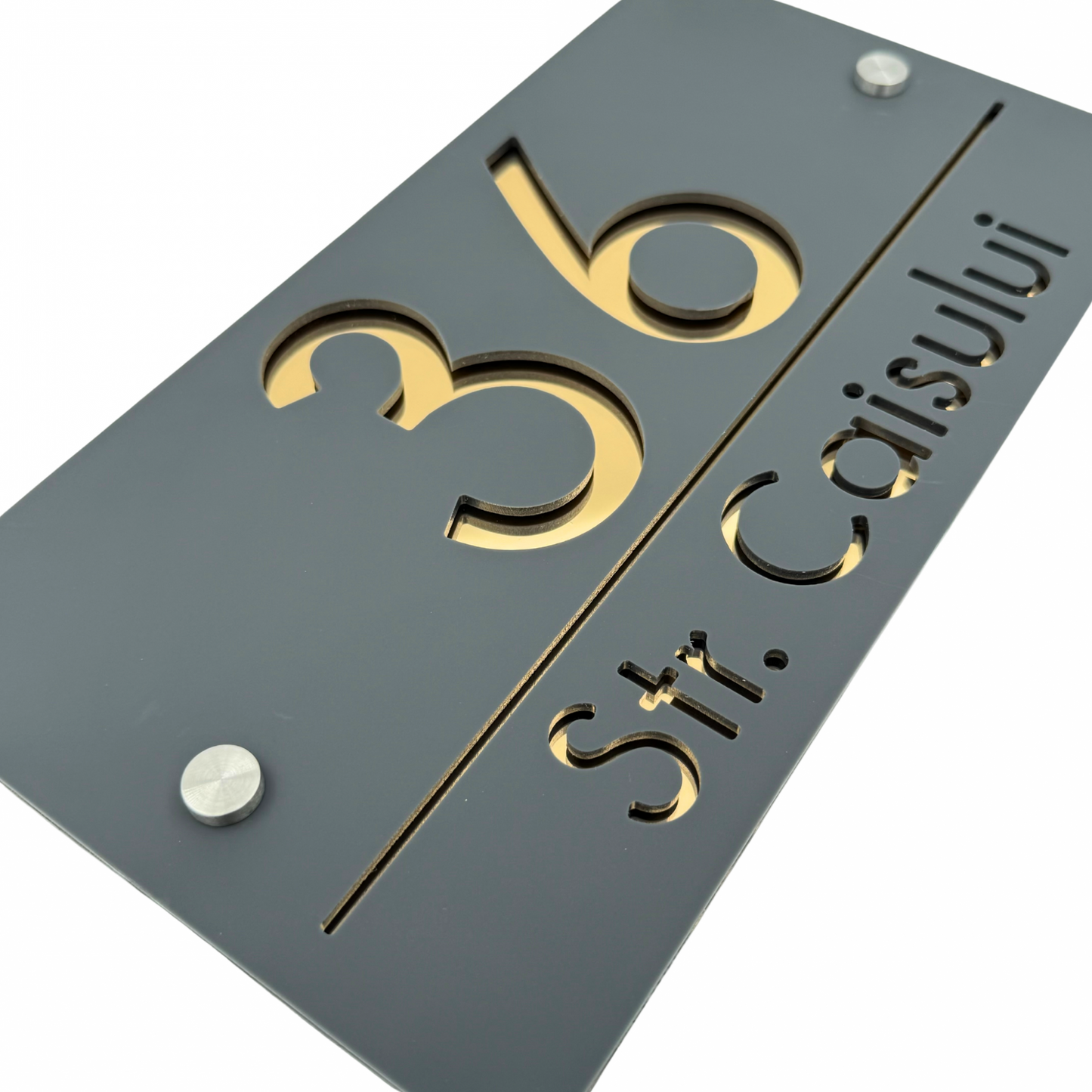 PREMIUM HOUSE NUMBER - Satin Grey Gold Mirror 2 Spacers Silver - 28×15 cm