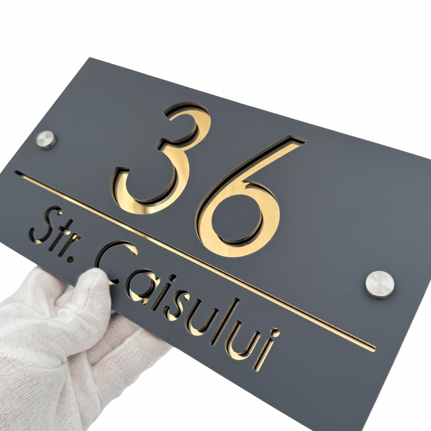 PREMIUM HOUSE NUMBER - Satin Grey Gold Mirror 2 Spacers Silver - 28×15 cm