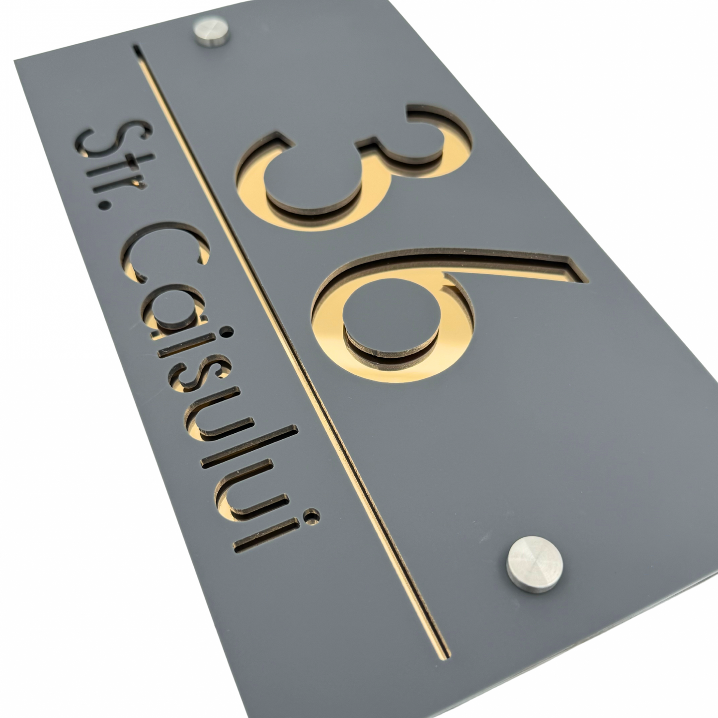 PREMIUM HOUSE NUMBER - Satin Grey Gold Mirror 2 Spacers Silver - 28×15 cm
