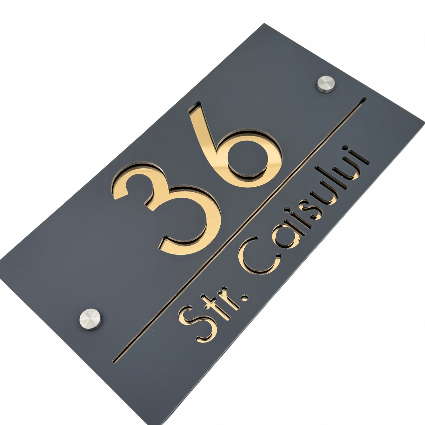 PREMIUM HOUSE NUMBER - Satin Grey Gold Mirror 2 Spacers Silver - 28×15 cm