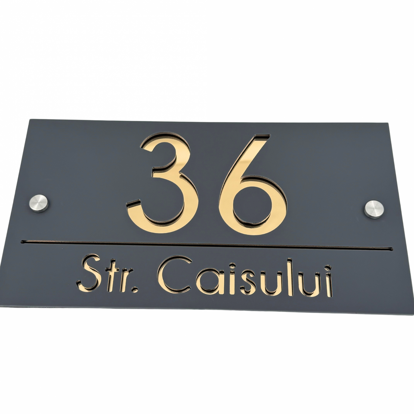 PREMIUM HOUSE NUMBER - Satin Grey Gold Mirror 2 Spacers Silver - 28×15 cm