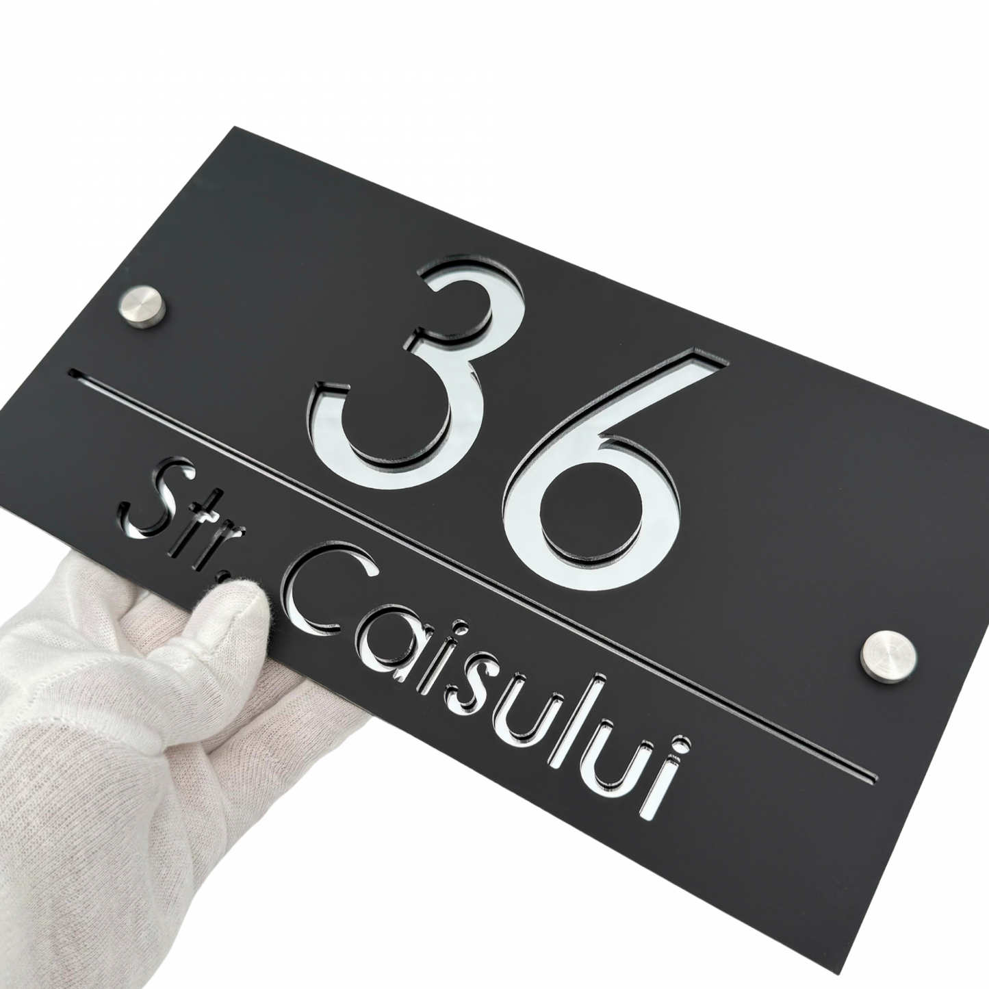 PREMIUM HOUSE NUMBER - Satin Black Silver Mirror 2 Spacers Silver - 28×15 cm