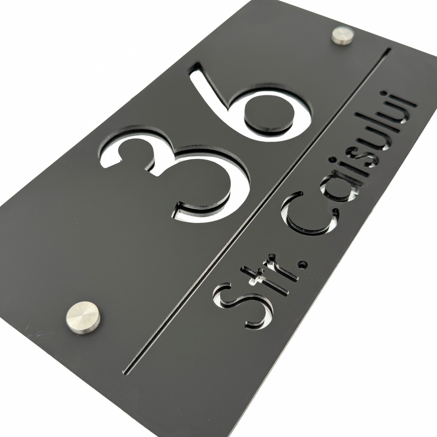 PREMIUM HOUSE NUMBER - Satin Black Silver Mirror 2 Spacers Silver - 28×15 cm