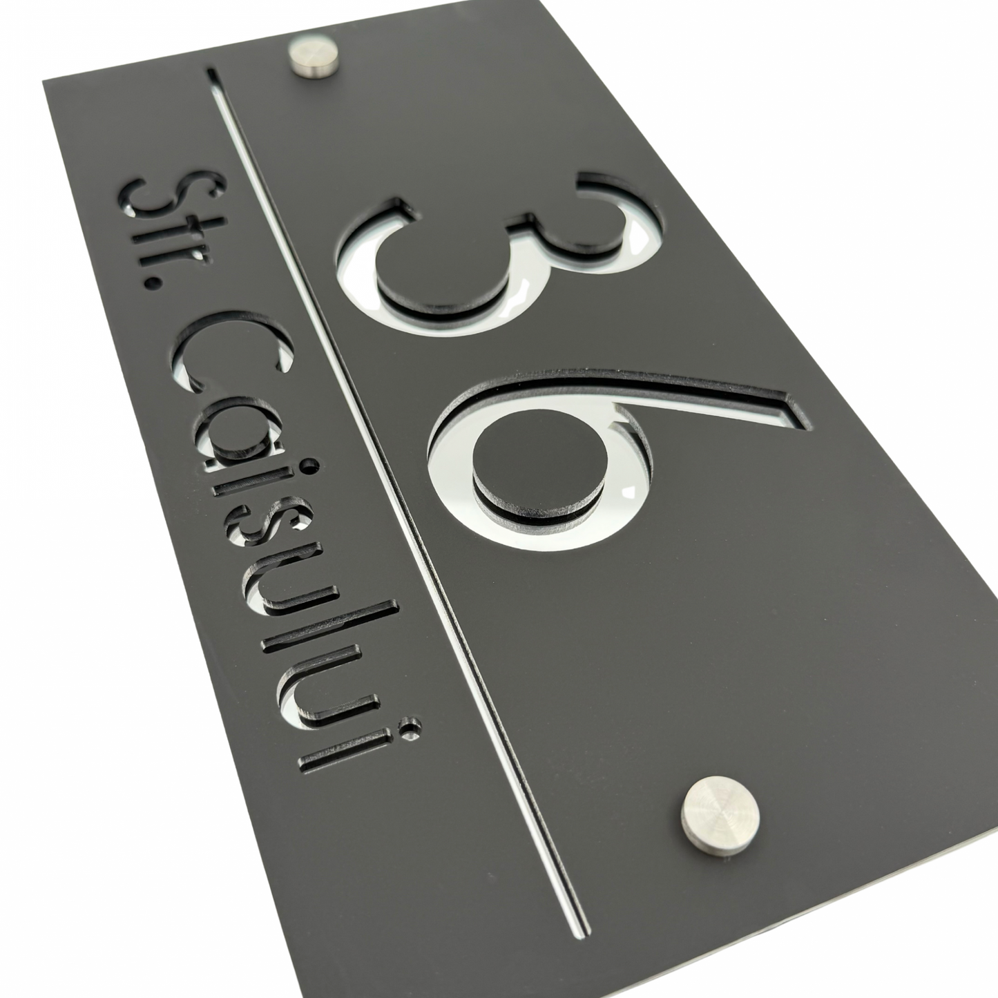 PREMIUM HOUSE NUMBER - Satin Black Silver Mirror 2 Spacers Silver - 28×15 cm