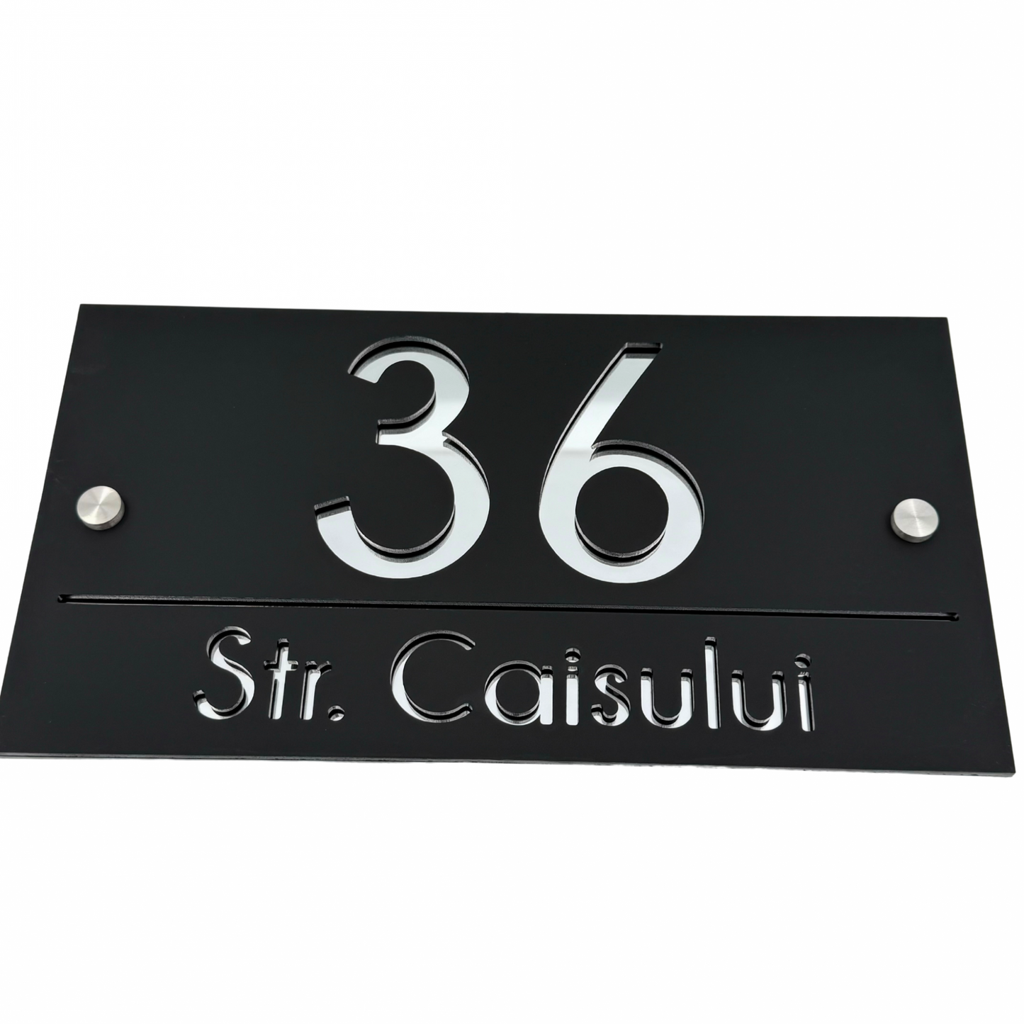 PREMIUM HOUSE NUMBER - Satin Black Silver Mirror 2 Spacers Silver - 28×15 cm