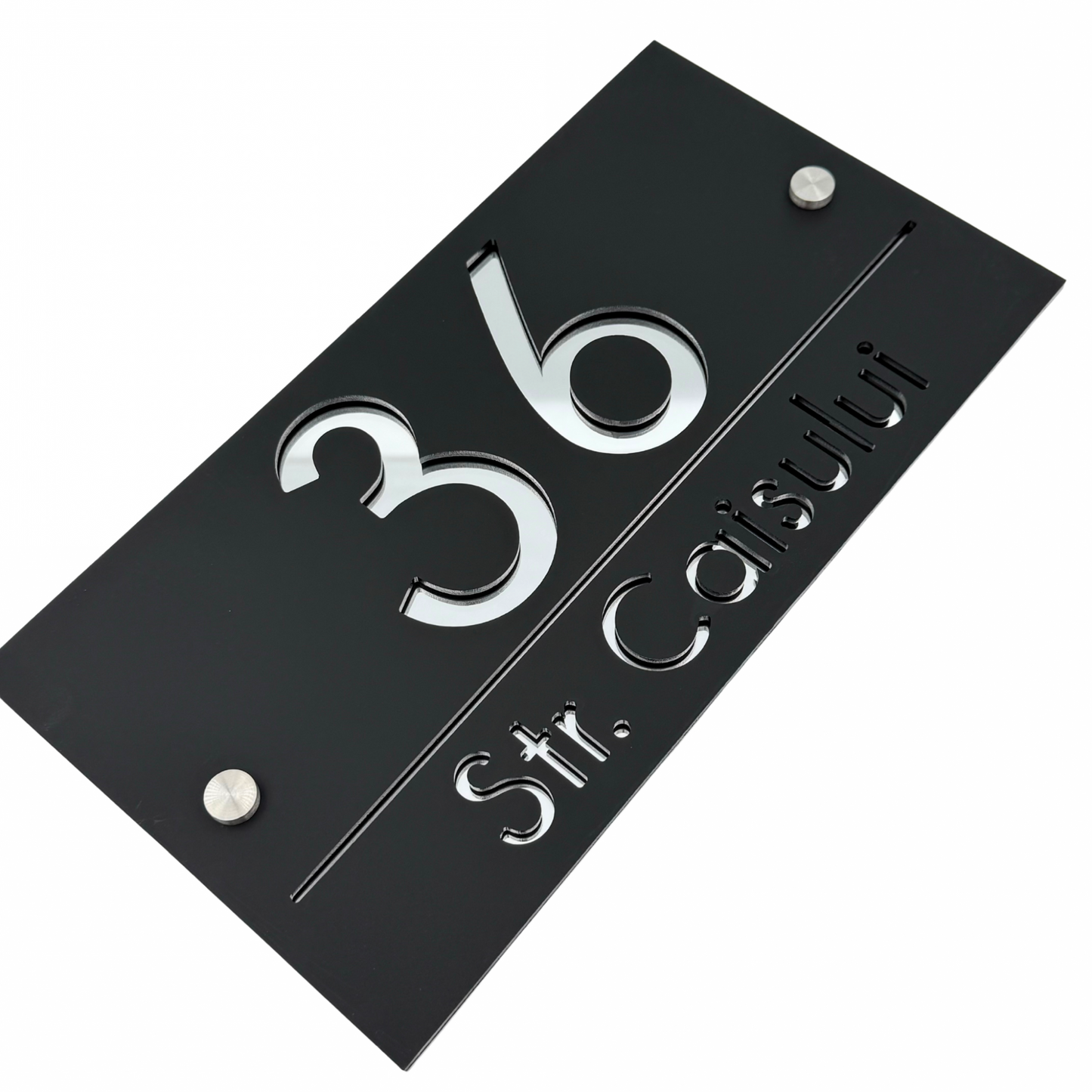 PREMIUM HOUSE NUMBER - Satin Black Silver Mirror 2 Spacers Silver - 28×15 cm