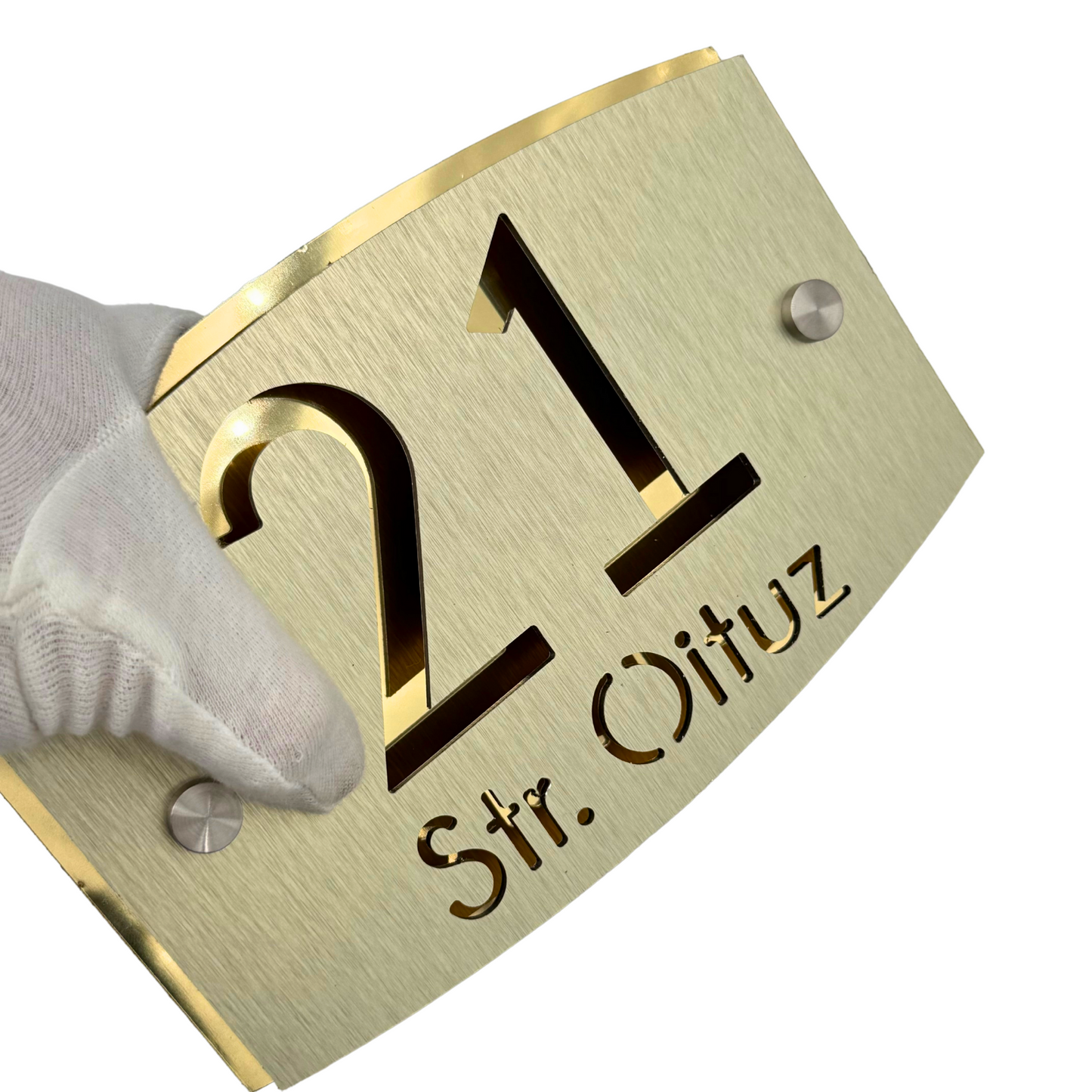 PREMIUM HOUSE NUMBER - Aluminium Pearly Gold Aluminium Gold Mirror 2 Spacers Silver - 20×13 cm