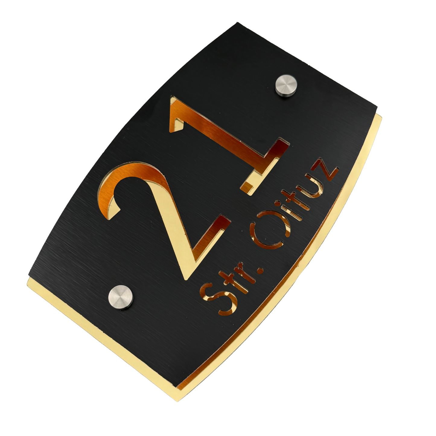 PREMIUM HOUSE NUMBER - Aluminium Pearly Black Aluminium Gold Mirror 2 Spacers Silver - 20×13 cm