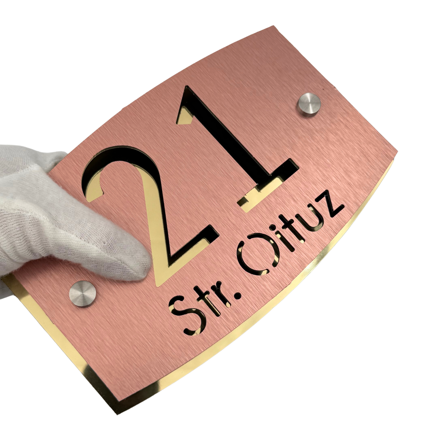 PREMIUM HOUSE NUMBER - Aluminium Pearly Copper Aluminium Gold Mirror 2 Spacers Silver - 20×13 cm