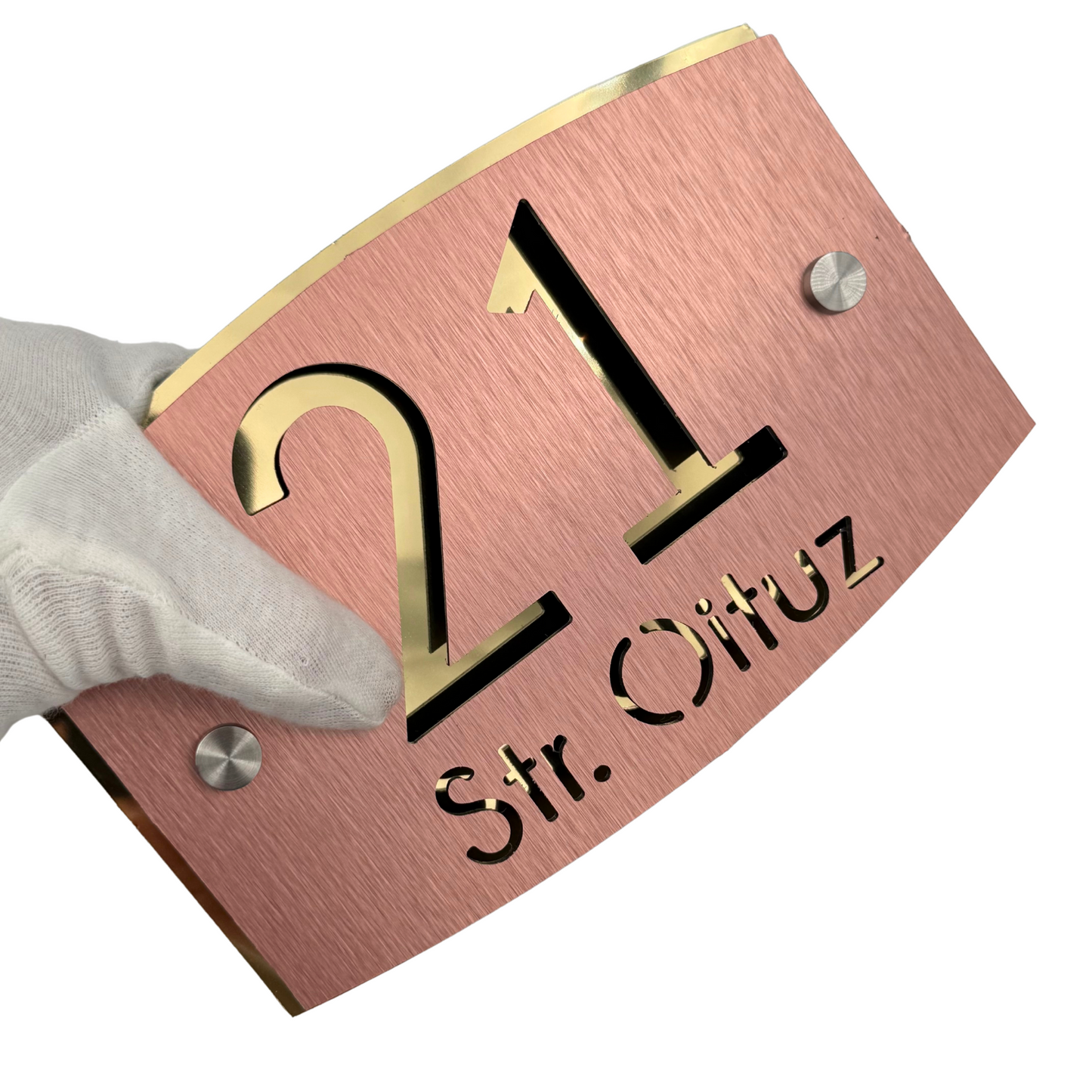 PREMIUM HOUSE NUMBER - Aluminium Pearly Copper Aluminium Gold Mirror 2 Spacers Silver - 20×13 cm
