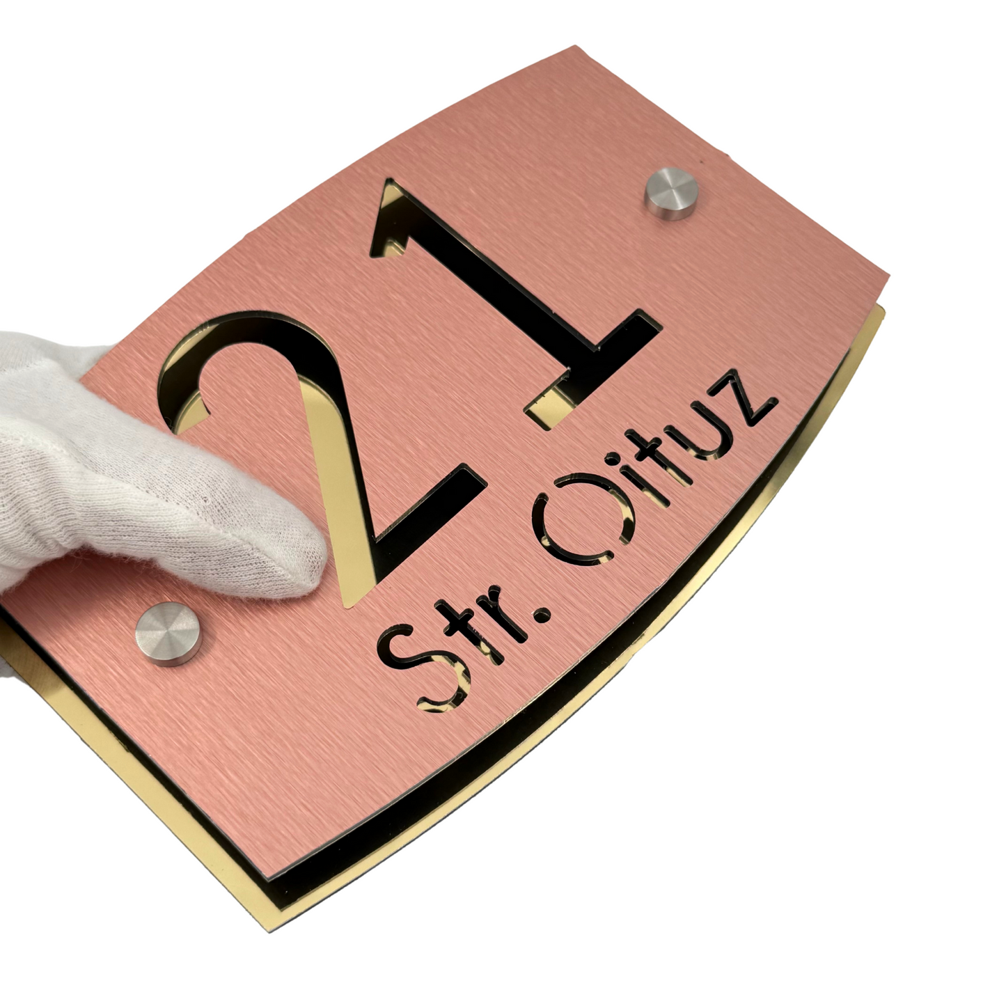 PREMIUM HOUSE NUMBER - Aluminium Pearly Copper Aluminium Gold Mirror 2 Spacers Silver - 20×13 cm