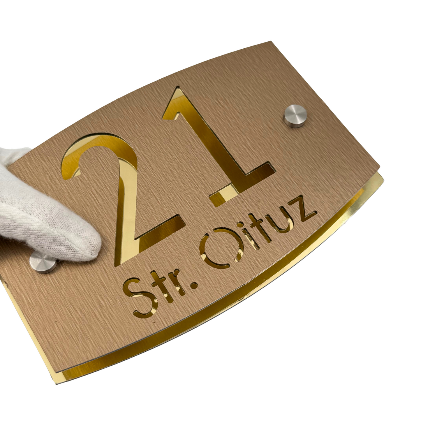 PREMIUM HOUSE NUMBER - Aluminium Pearly Bronze Aluminium Gold Mirror 2 Spacers Silver - 20×13 cm