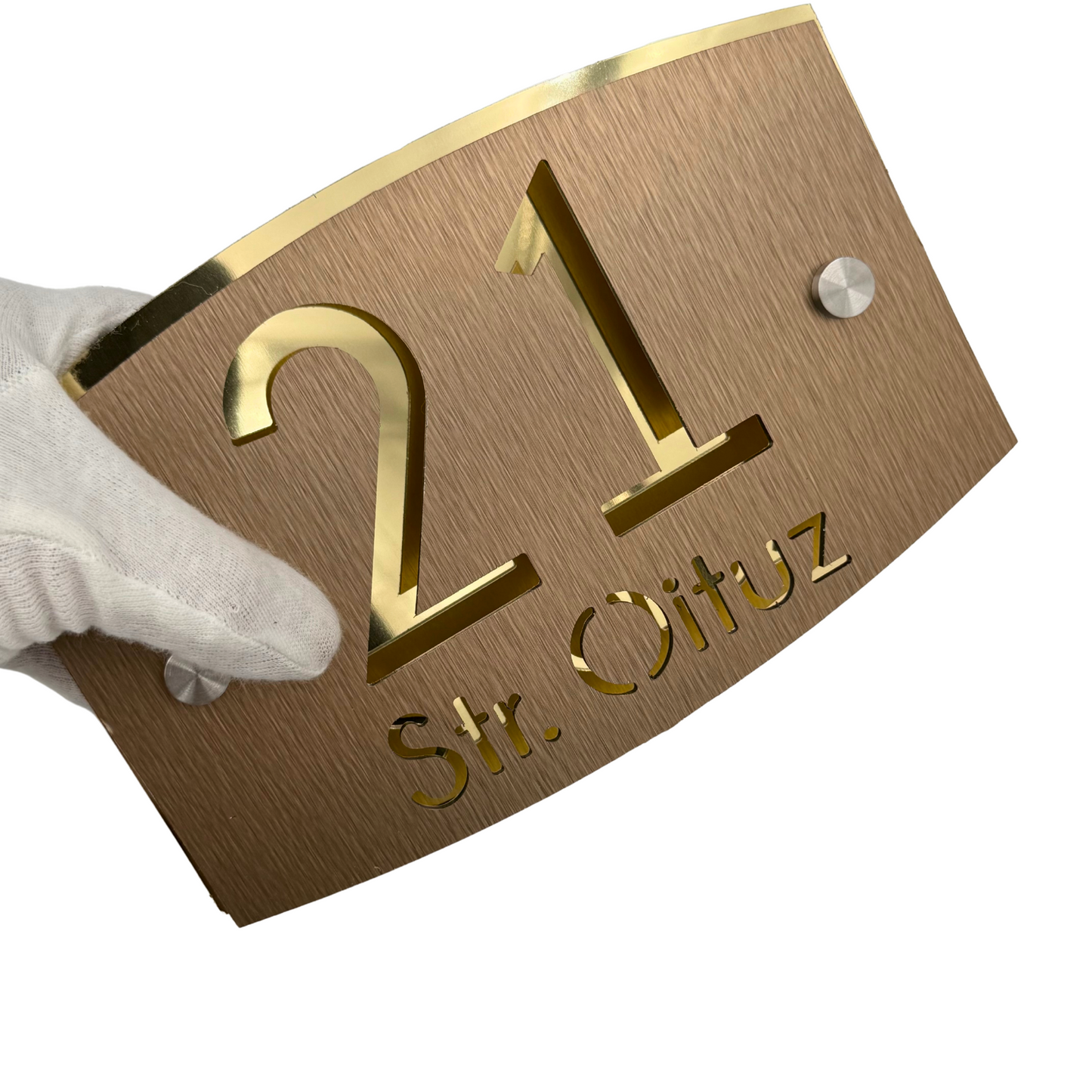 PREMIUM HOUSE NUMBER - Aluminium Pearly Bronze Aluminium Gold Mirror 2 Spacers Silver - 20×13 cm